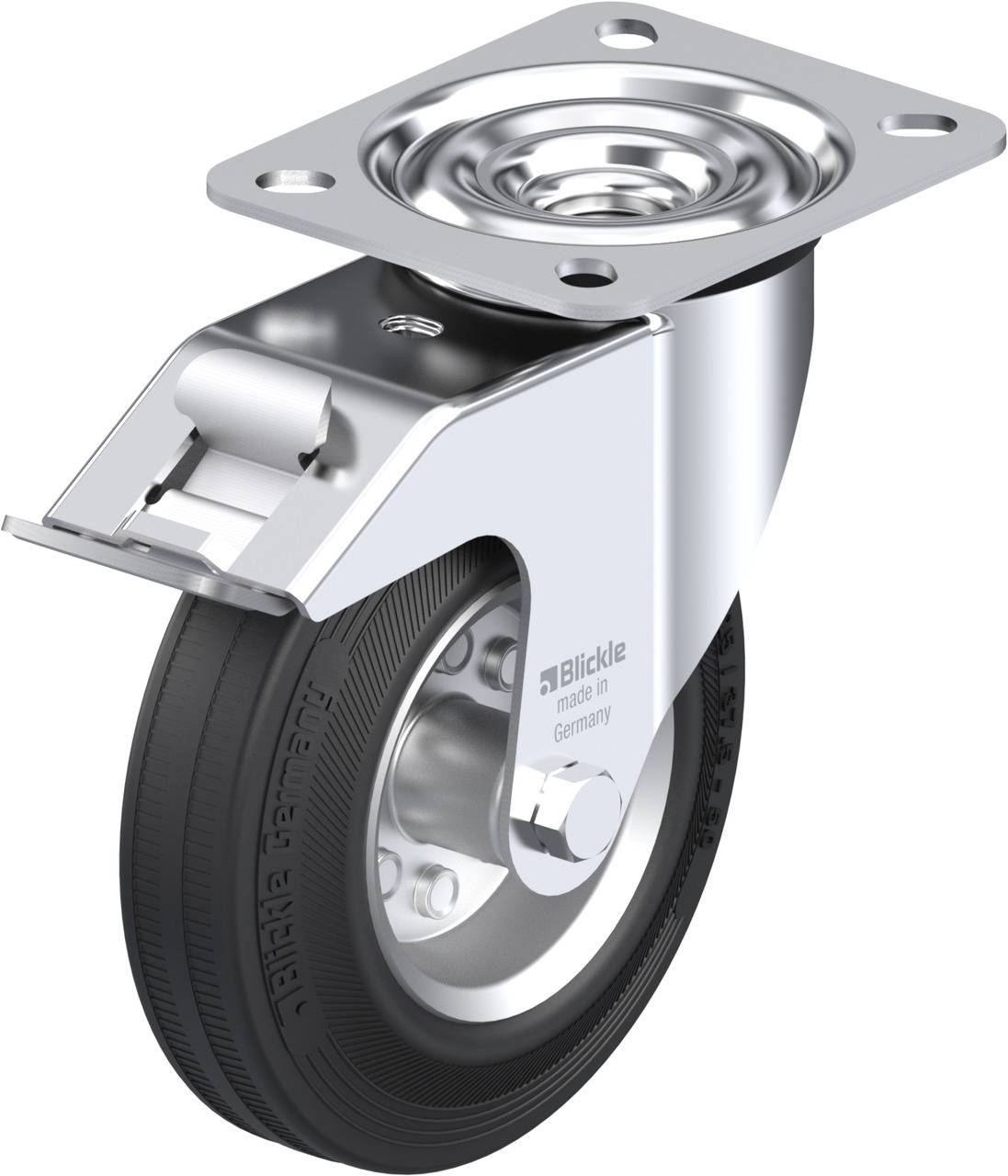 Industrial swivel castor with black rubber wheel, silver metal housing, and rectangular mounting plate on top, suitable for heavy loads.