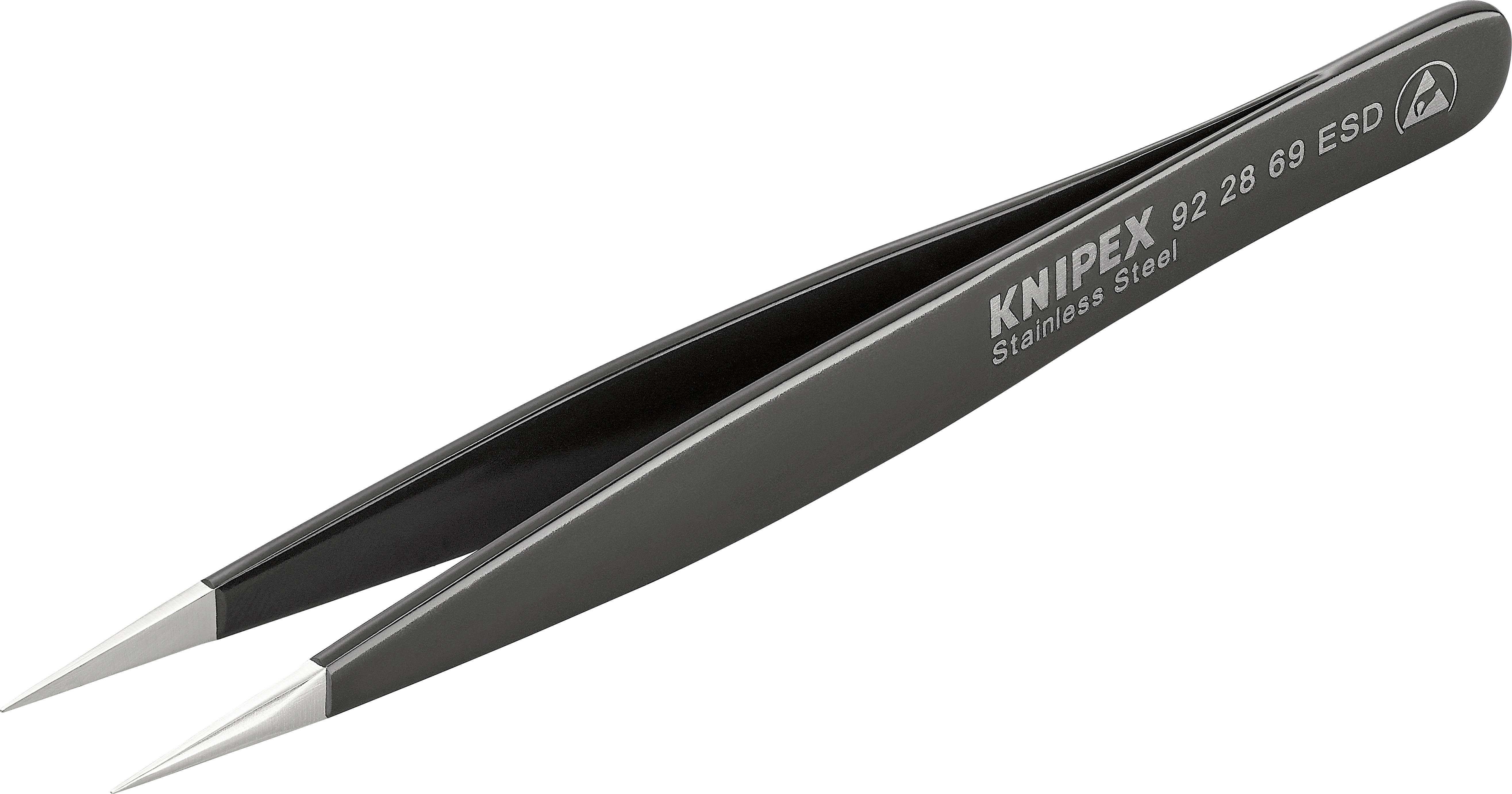 Stainless steel tweezers with pointed tips. Side inscription: 'Knipex 92 28 69 ESD, Stainless Steel'.