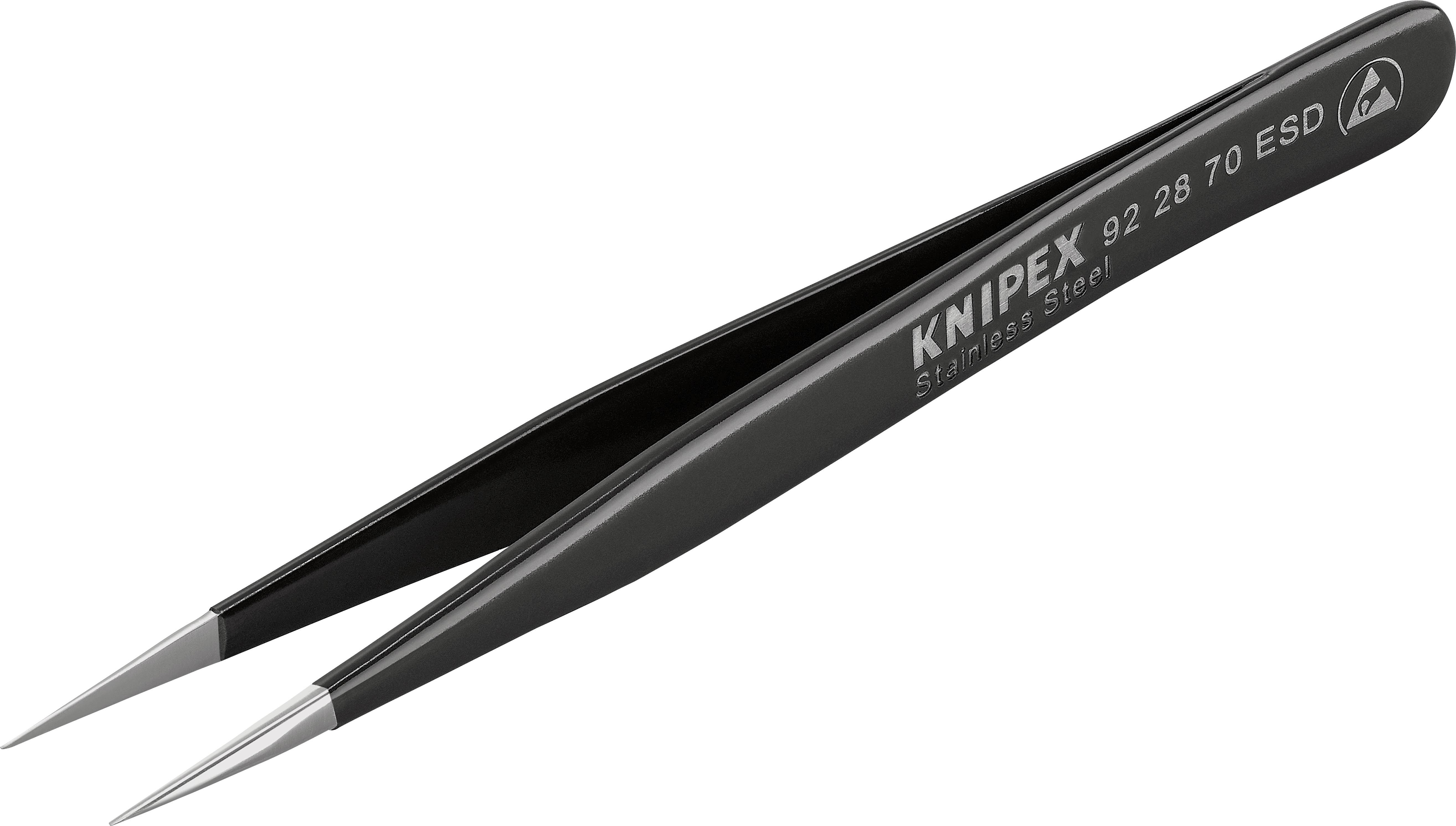 A black Knipex precision tweezers made of stainless steel with the inscription '92 28 70 ESD', used for fine manipulations in electronics.