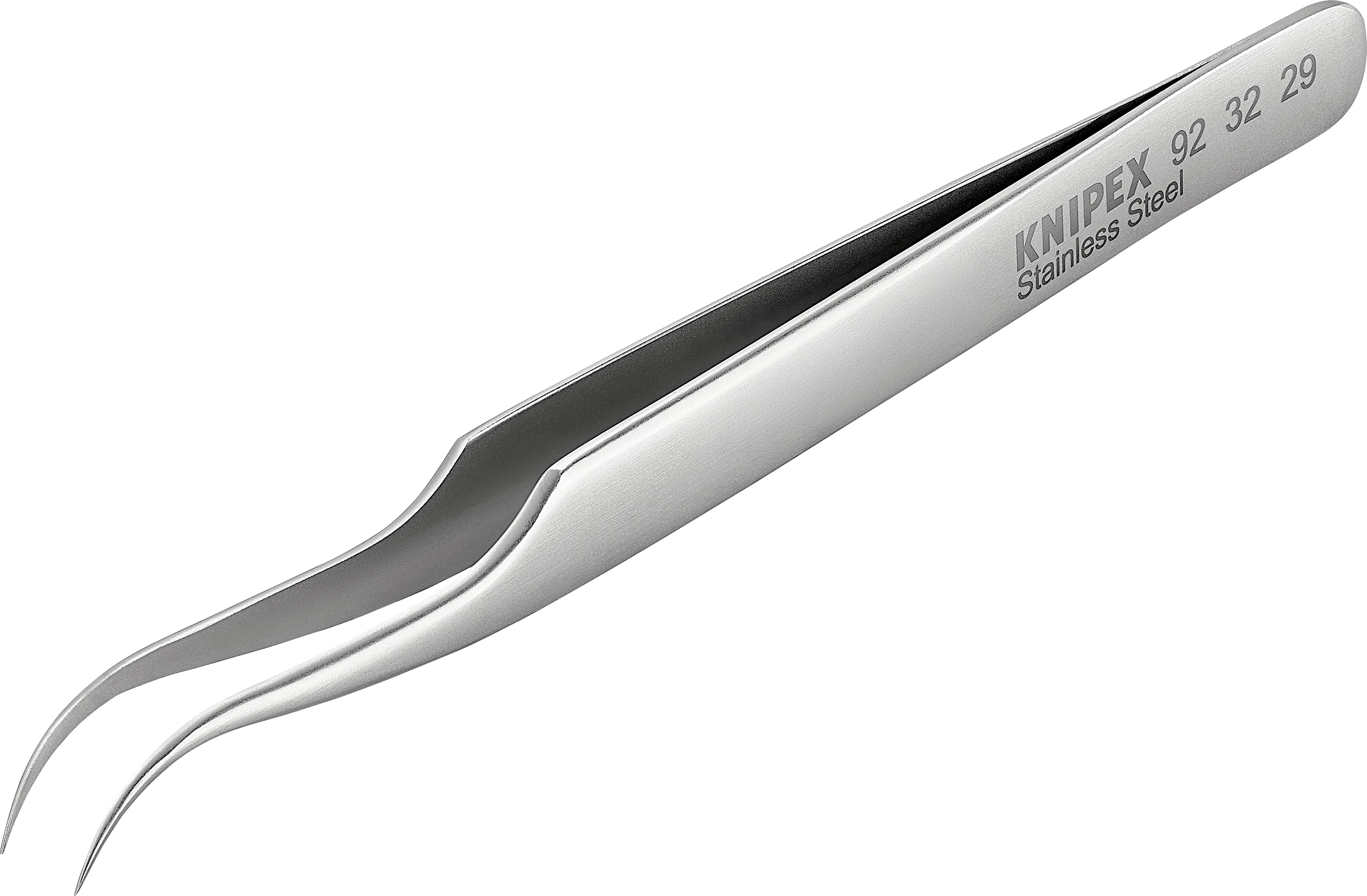Excellent, curved stainless steel tweezers with the inscription 'KNIPEX Stainless Steel 92 32 29', suitable for precision work.