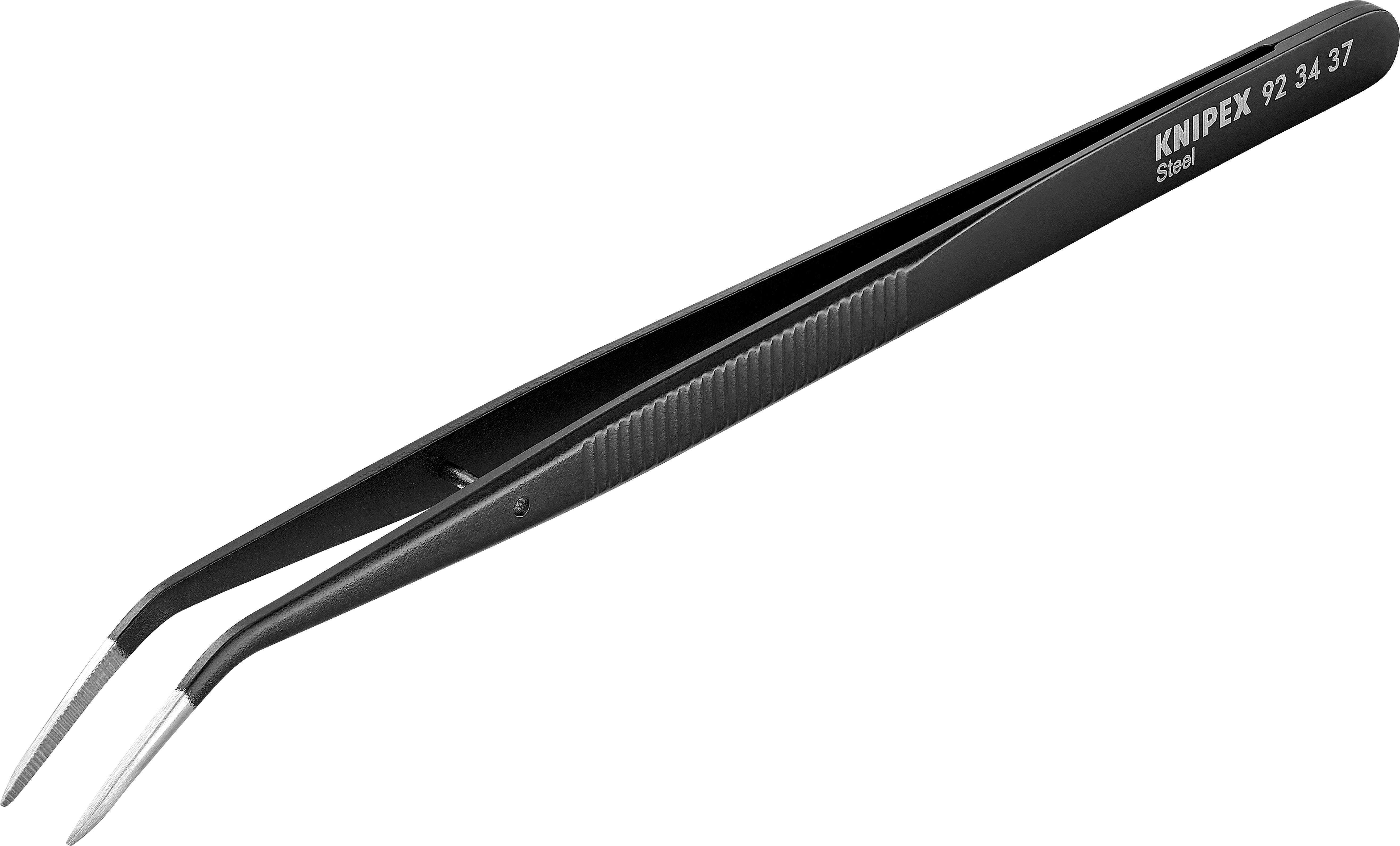 Black precision tweezers with curved tips and knurled grip, suitable for precise work in electronics or precision mechanics.