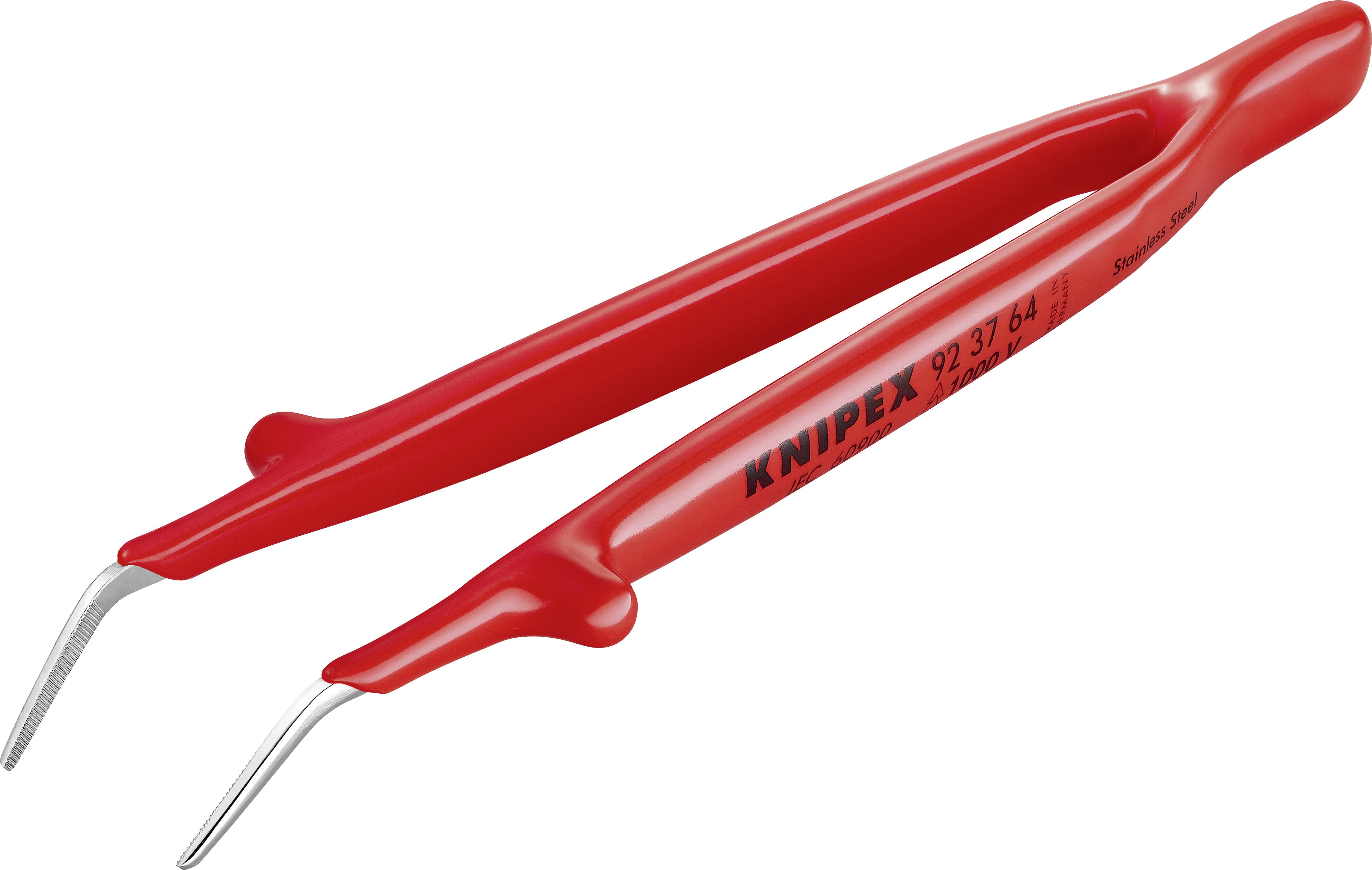Red, isolated tweezers with curved tips, used for work on electrical installations.