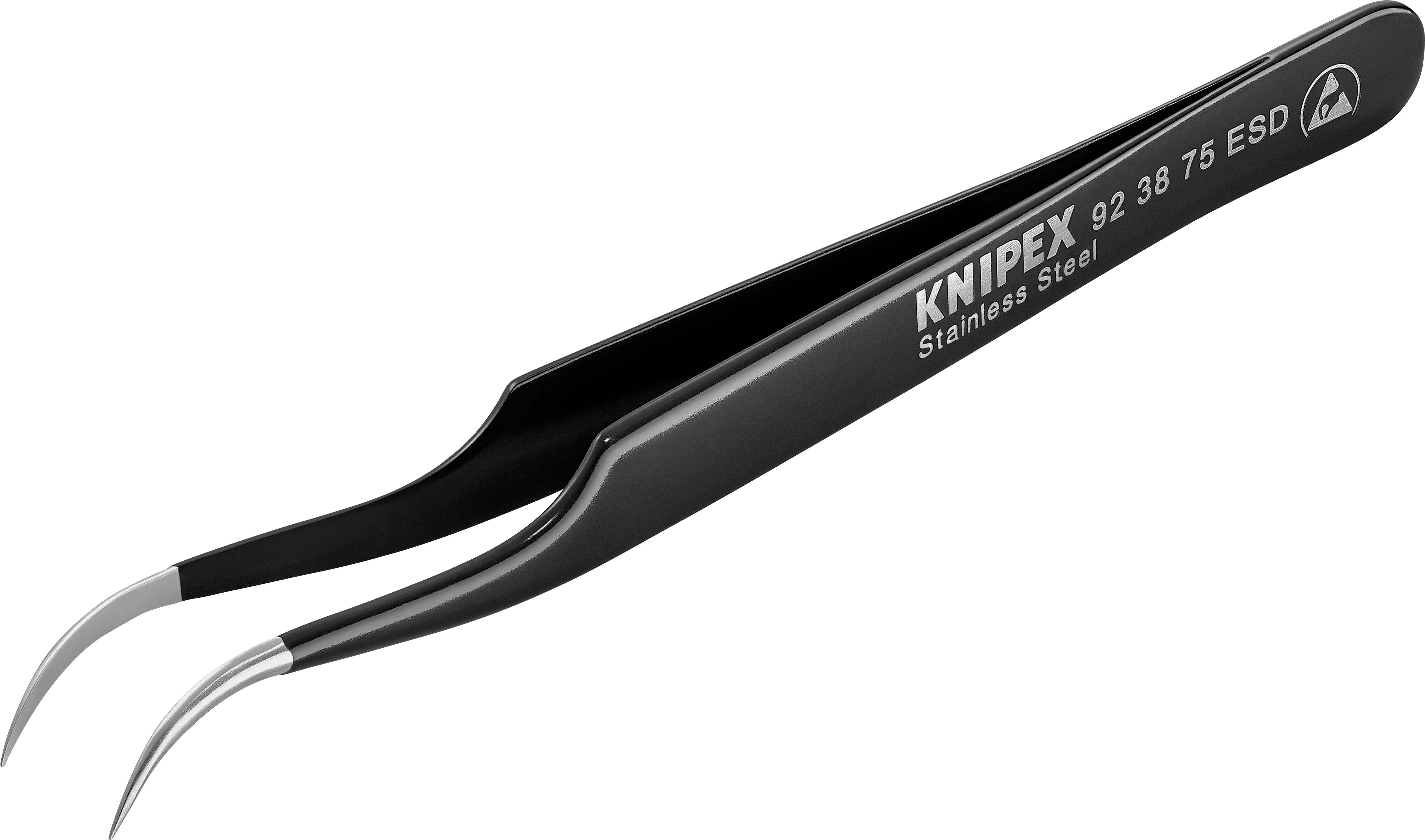 A black, curved pair of tweezers by KNIPEX, made of stainless steel. They are designed for ESD applications.