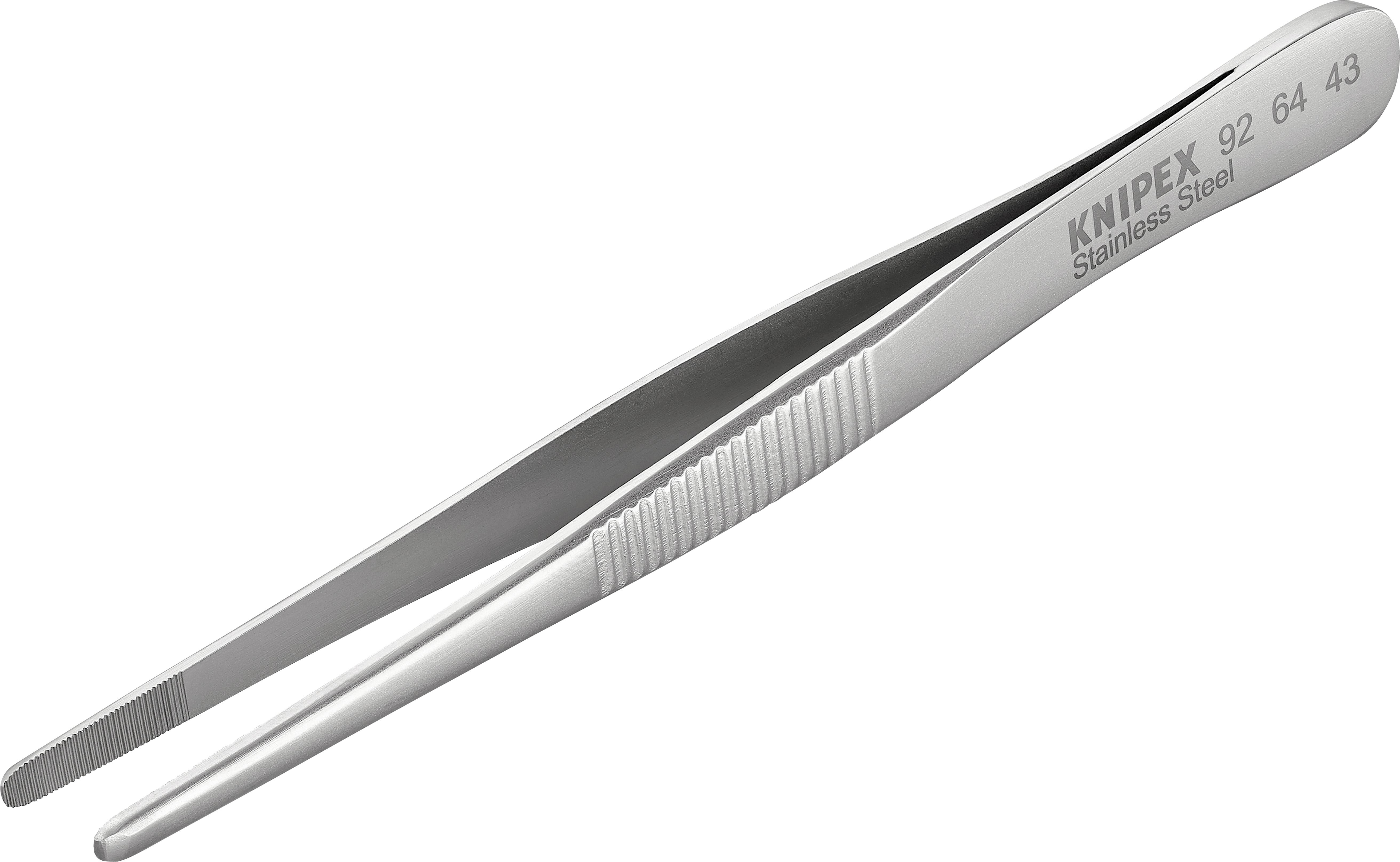 Stainless steel tweezers by Knipex, model number 92 64 43, silver-coloured, ergonomic design, fine serrated tips.