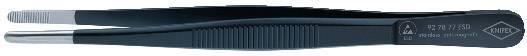 A black, high-precision tweezers with a knurled grip and bevelled tips. The model is by Wiha, article number 00 29 21 385.