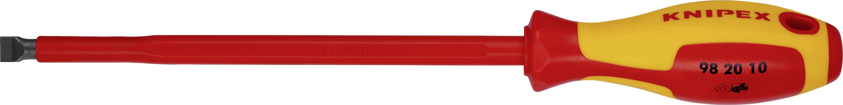 A red and yellow isolated screwdriver, suitable for work on electrical equipment.
