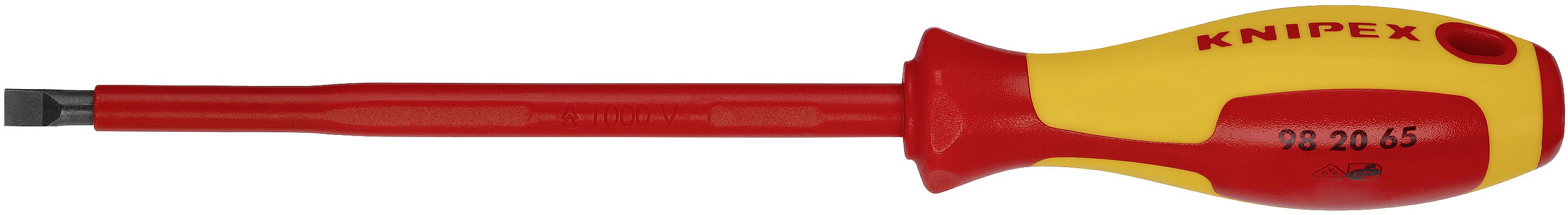 An isolated screwdriver with a red and yellow handle, bearing the 'Knipex' inscription.