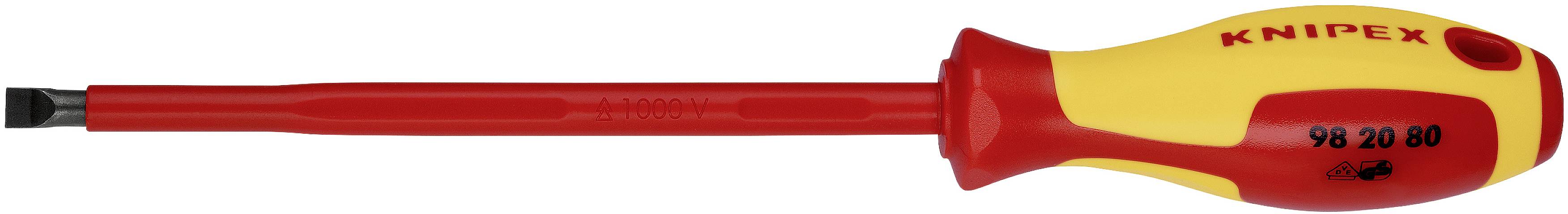 Insulated Knipex screwdriver in yellow and red, suitable for work on live parts up to 1,000 volts.