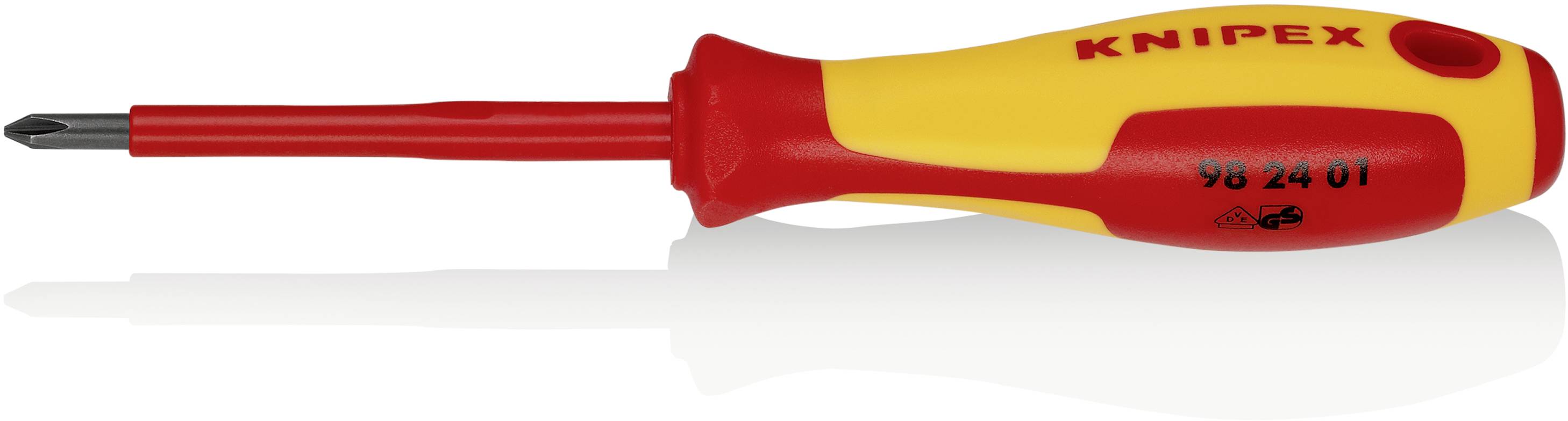 An isolated screwdriver with a red handle, yellow markings, and the inscription 'KNIPEX'. Suitable for safe work on electrical installations.