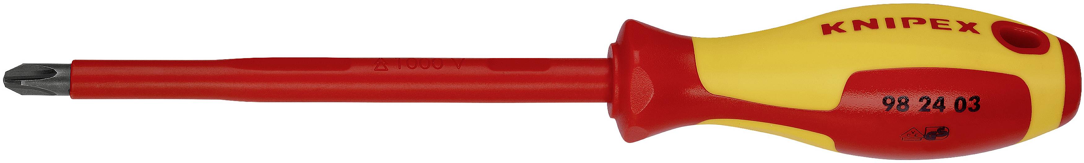 Screwdriver with yellow and red handle, precision tip; 'Knipex' brand; suitable for precise screw-driving tasks.