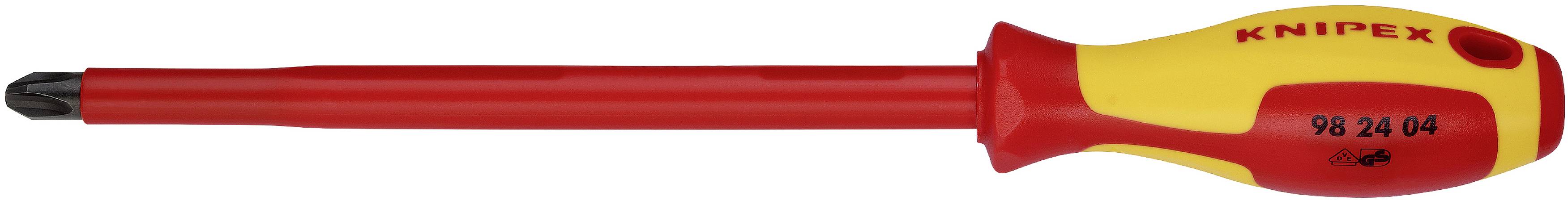 An insulated screwdriver with red and yellow handle, Knipex model 98 24 01, suitable for electrical work.