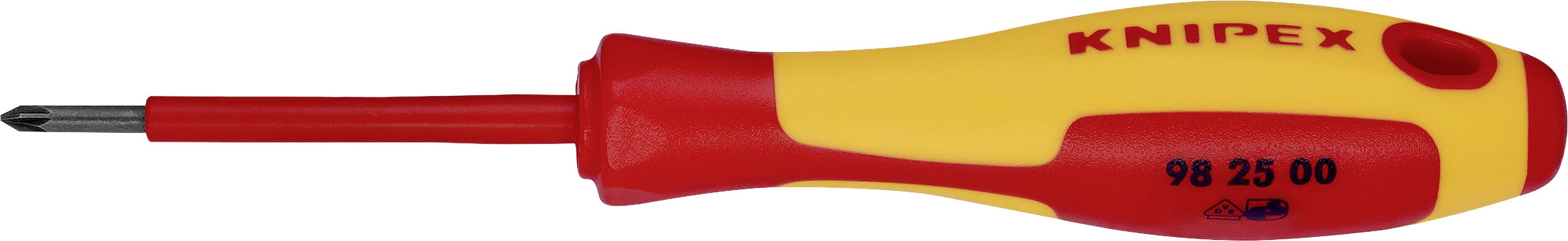A screwdriver with a yellow and red handle. The handle reads 'KNIPEX 98 25 00'.