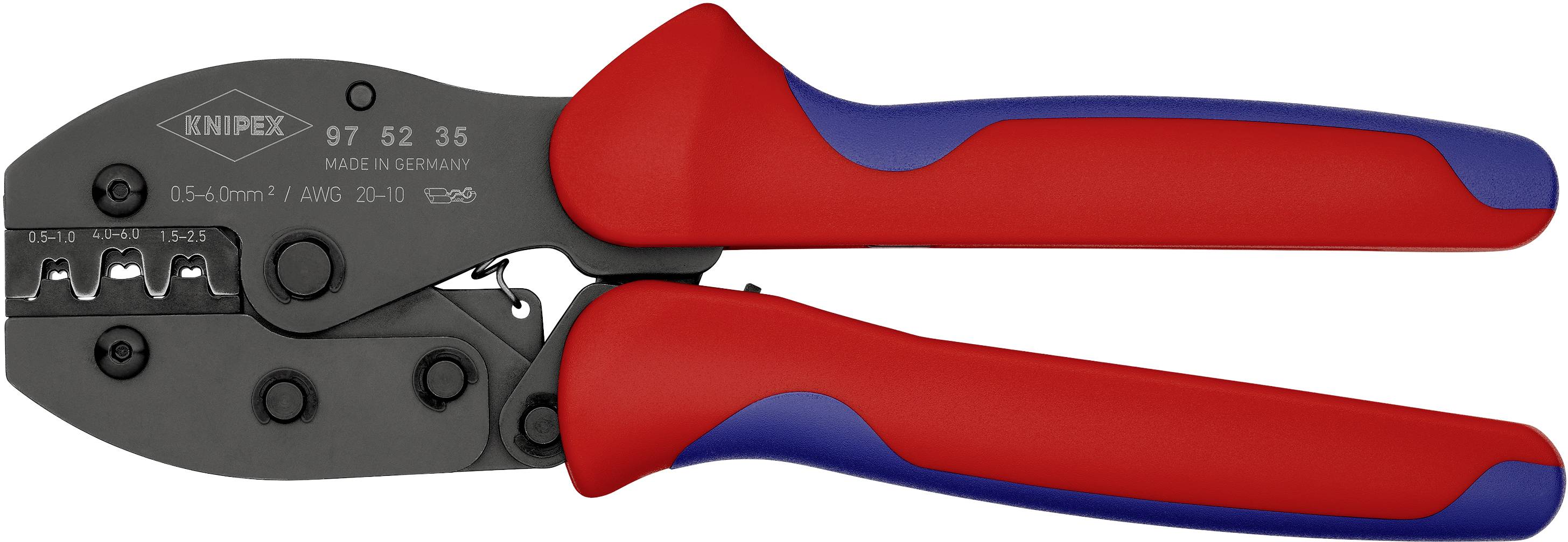 Crimping pliers with red and blue handles, suitable for stripping and crimping cables; made of metal, marked with 'KNIPEX'.