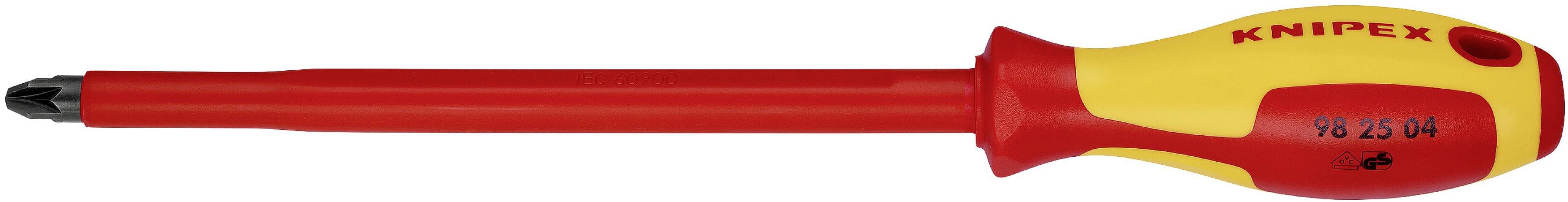 A Phillips screwdriver with red and yellow handle, brand 'KNIPEX', with a PH2 tip. Ideal for electrical work.