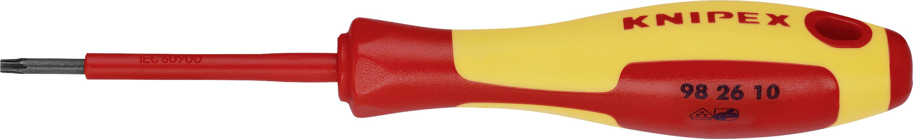 An isolated screwdriver by Knipex, coloured yellow and red, suitable for work on electrical installations up to 1000 volts.