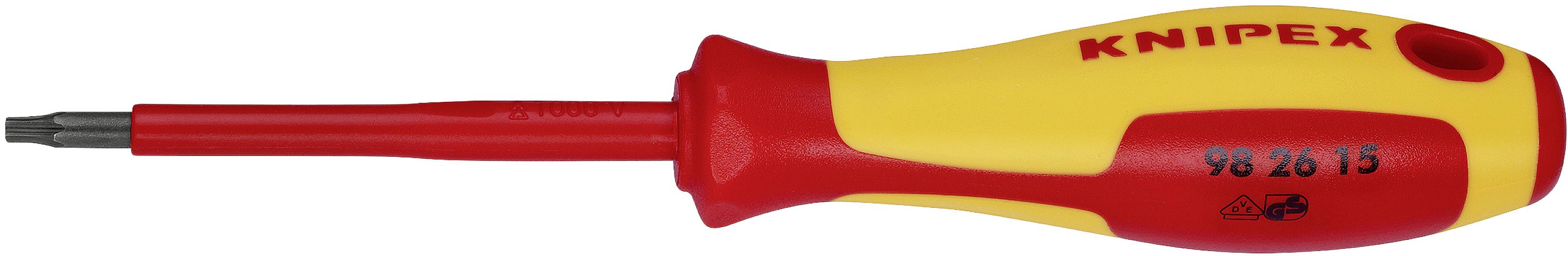 Electric screwdriver with an insulated, red and yellow handle. The handle is marked with the brand 'Knipex' and the number '98 25 15'.