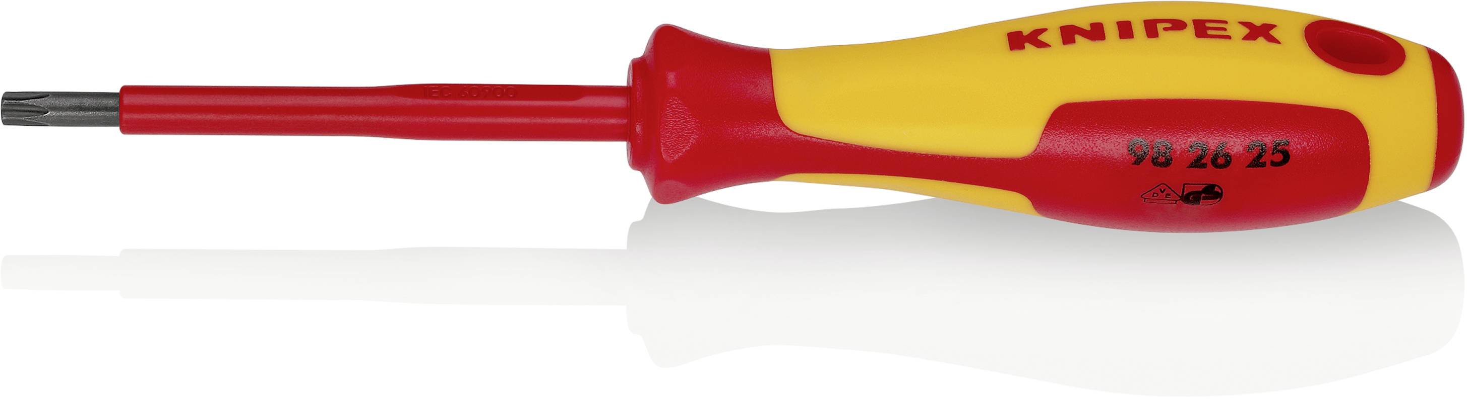 Insulated screwdriver with red and yellow handle, 'Knipex' branding visible; suitable for electrical work.