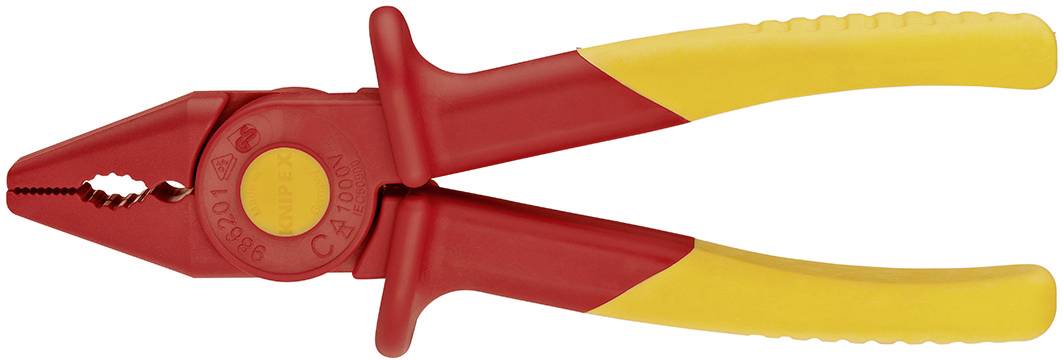Red and yellow pliers with insulated handles, suitable for electrical work.