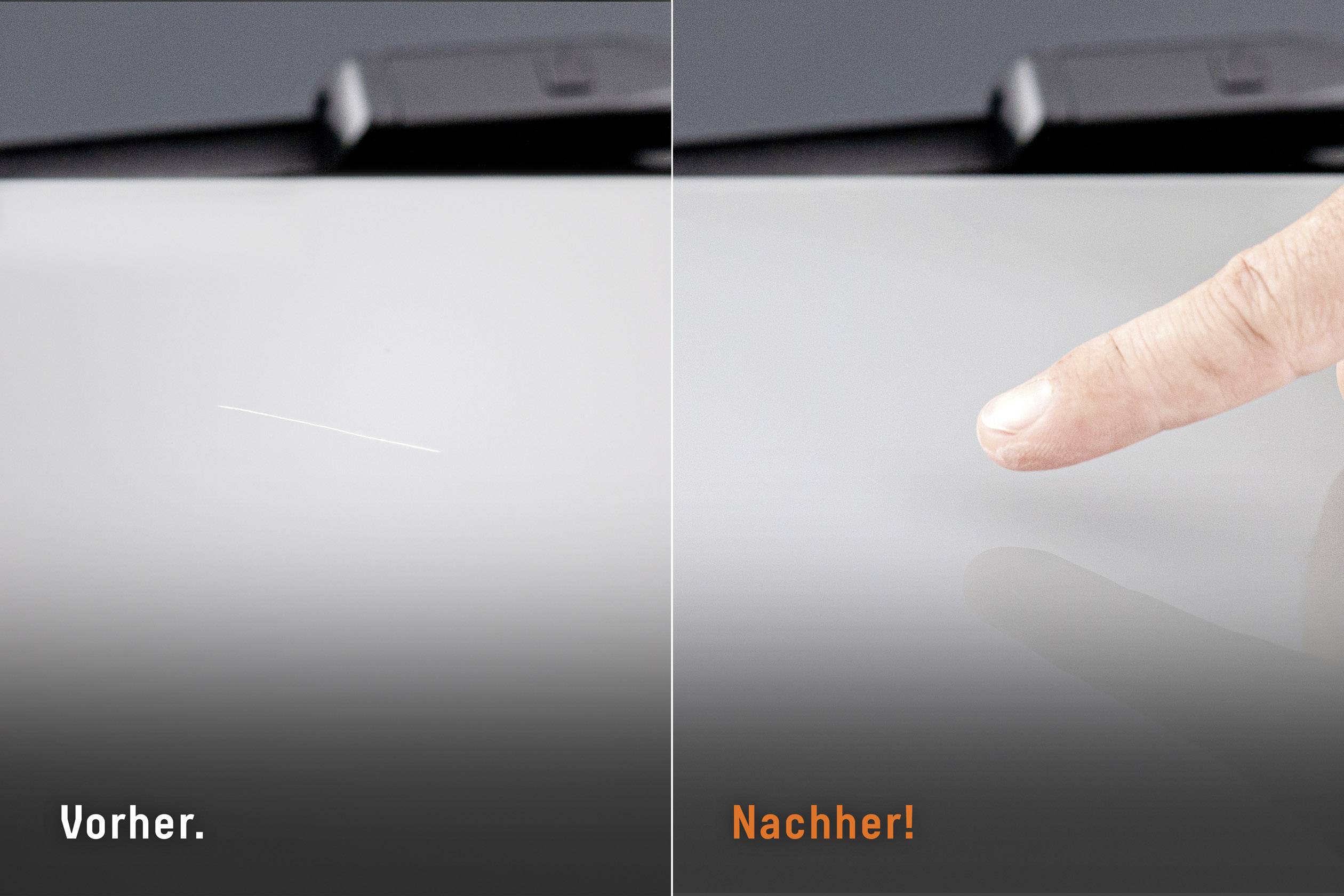 Left side: A thin scratch on a smooth surface. Right side: A finger points to the surface without a scratch. Text 'Before' and 'After'.