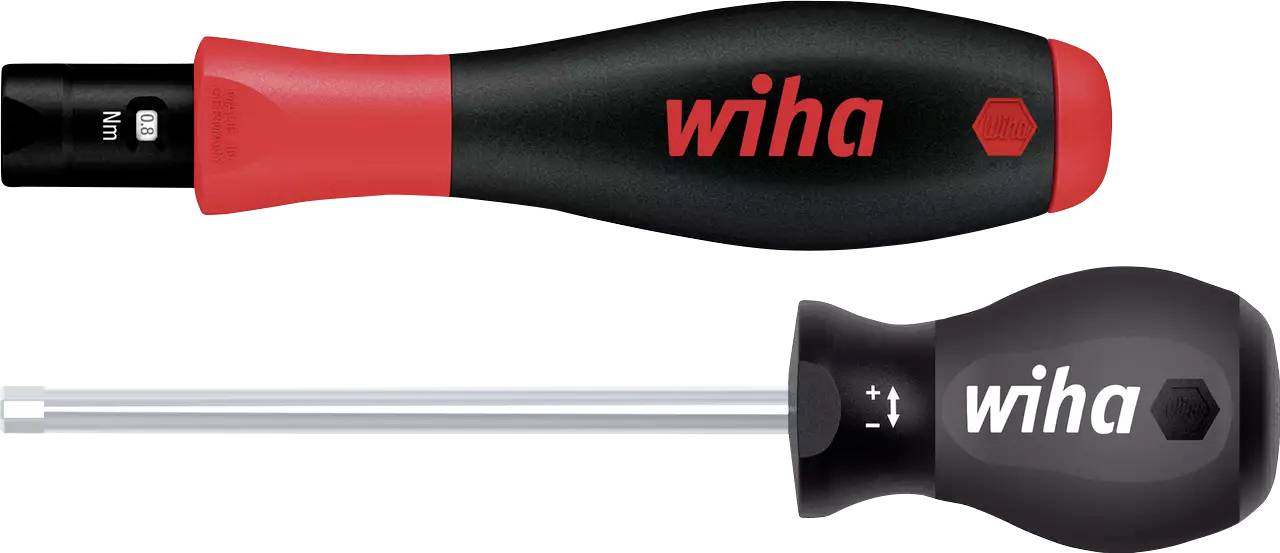Two Wiha screwdrivers with ergonomic handles; black-red and black, one with an interchangeable bit.