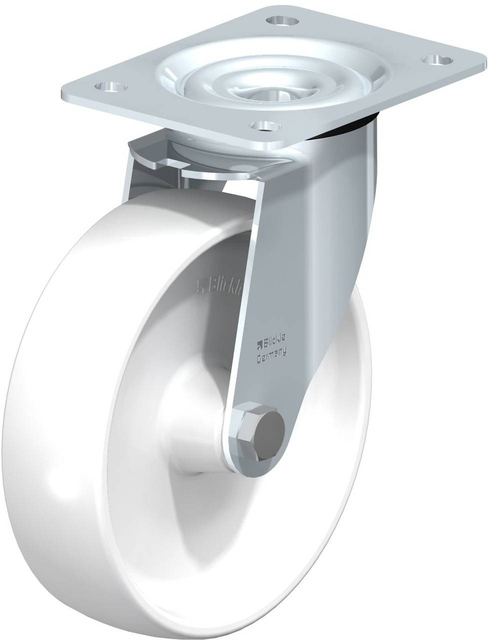 Metal and plastic castor wheel with flat mounting plate. Suitable for furniture or industrial applications.