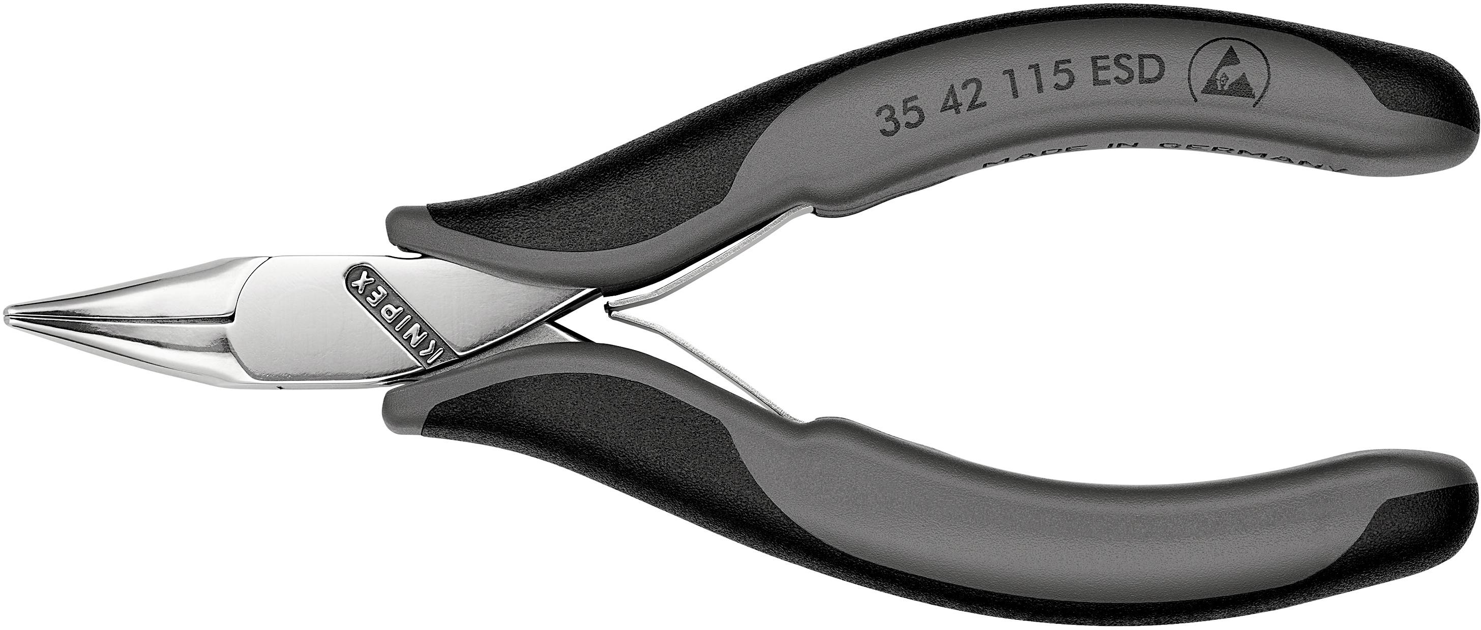 Pointed pliers with a black handle, suitable for precise work in electronics. '35 42 115 ESD' marking visible on the handle.
