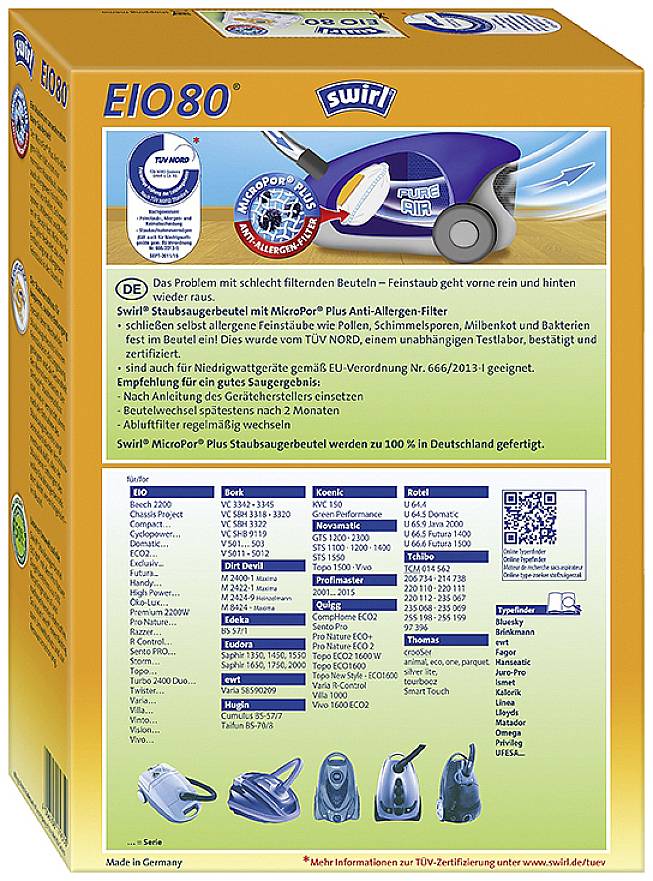 'Swirl EIO80 Vacuum Cleaner Bags' packaging. Contains dust-free disposal technology and allergy filter. Manufactured in Germany.