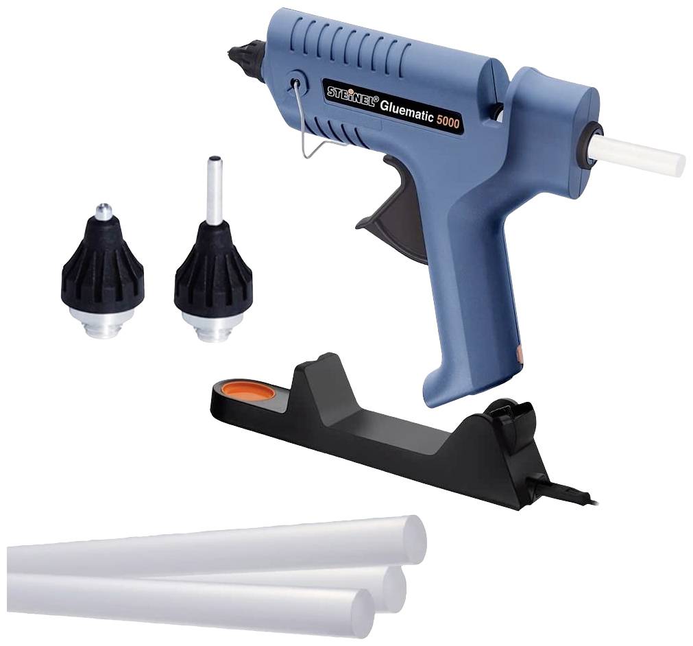 Blue glue gun pictured with two replacement nozzles, three glue sticks, and a stand.