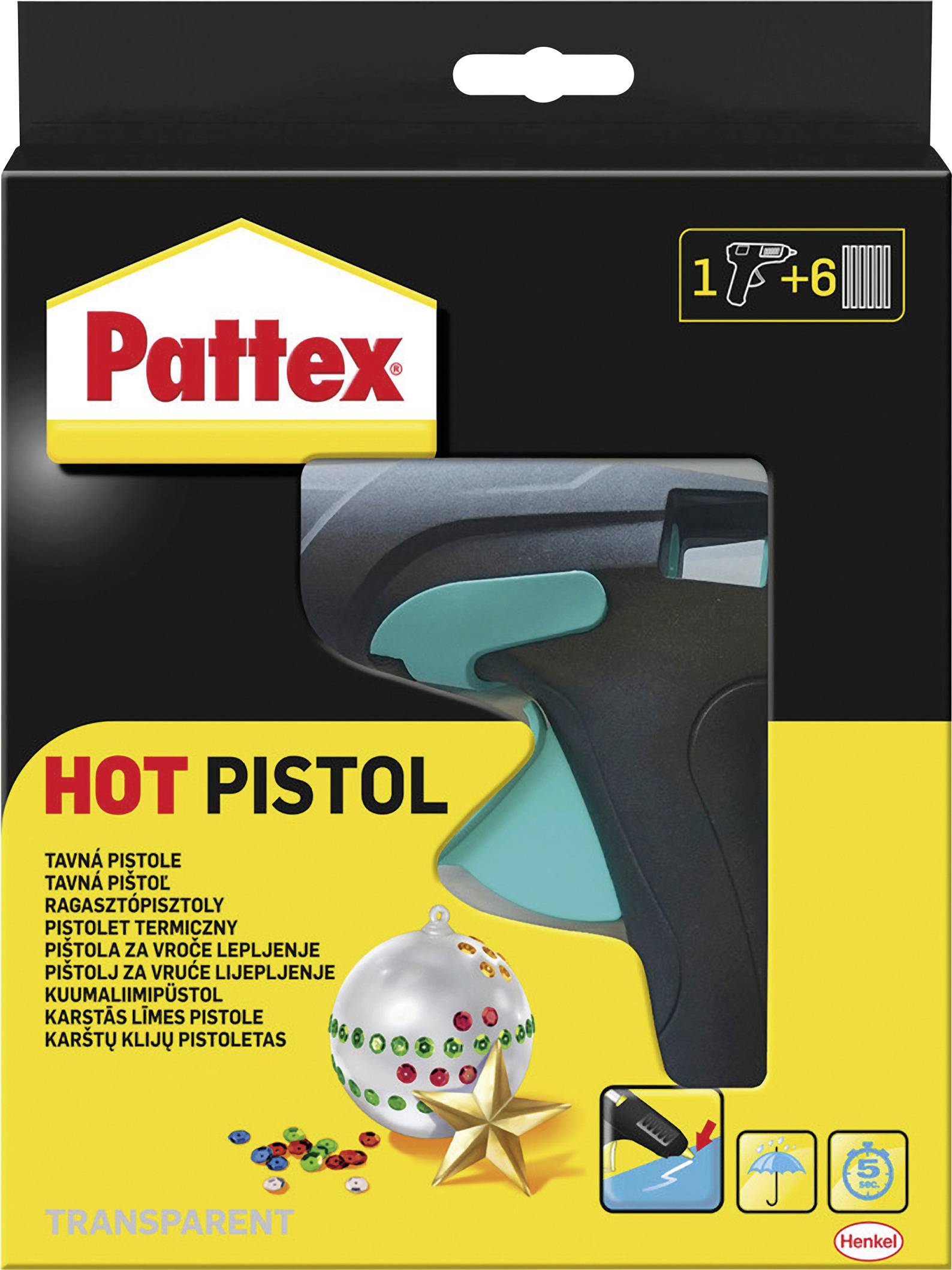 'Pattex Hot Pistol' packaging shows a hot glue gun, multilingual text, and images of crafts. Includes six glue sticks.