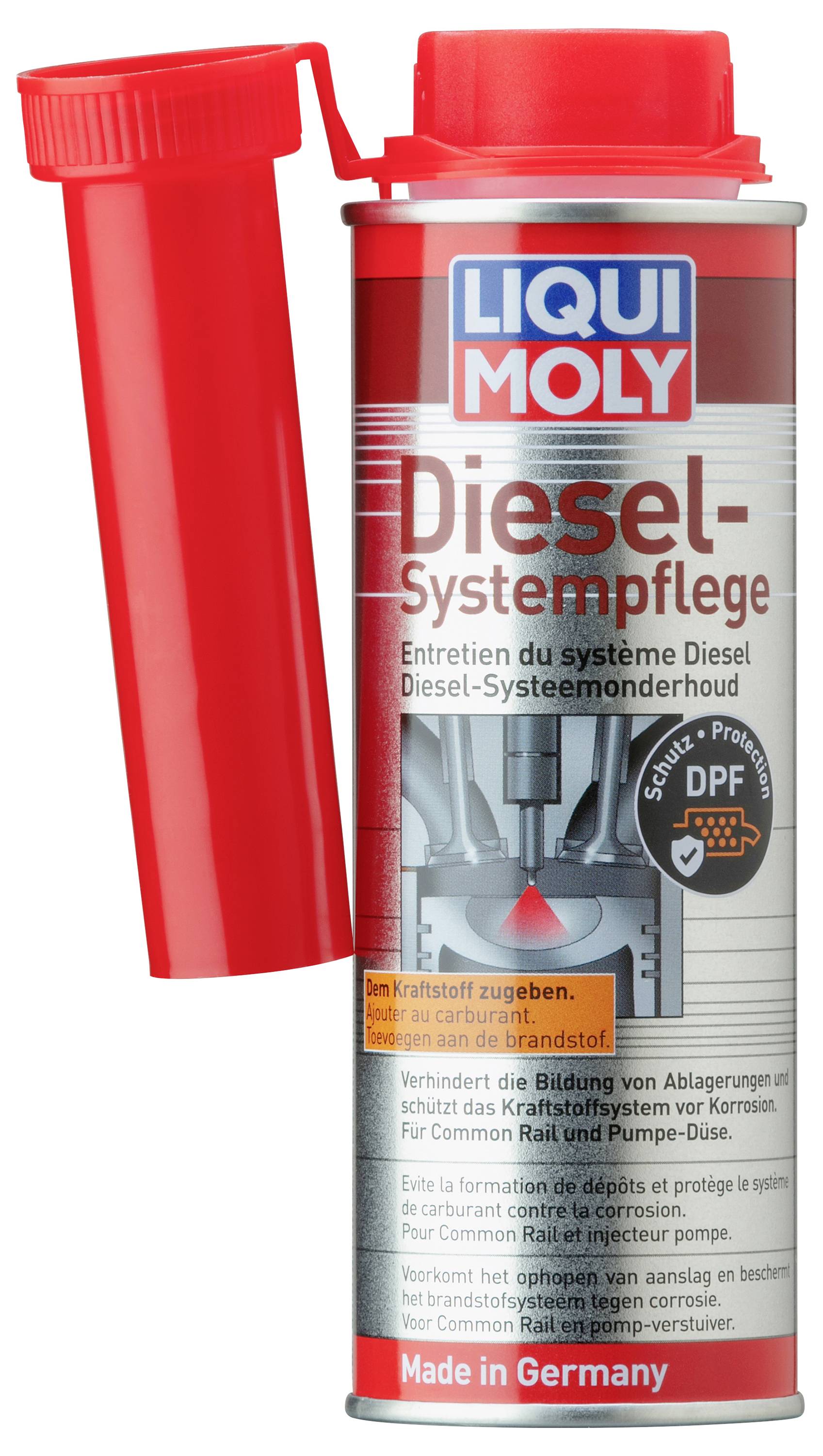 'Liqui Moly Diesel-Systempflege' can with red cap. Used for maintaining diesel systems, reduces deposits, protects from corrosion. Made in Germany.