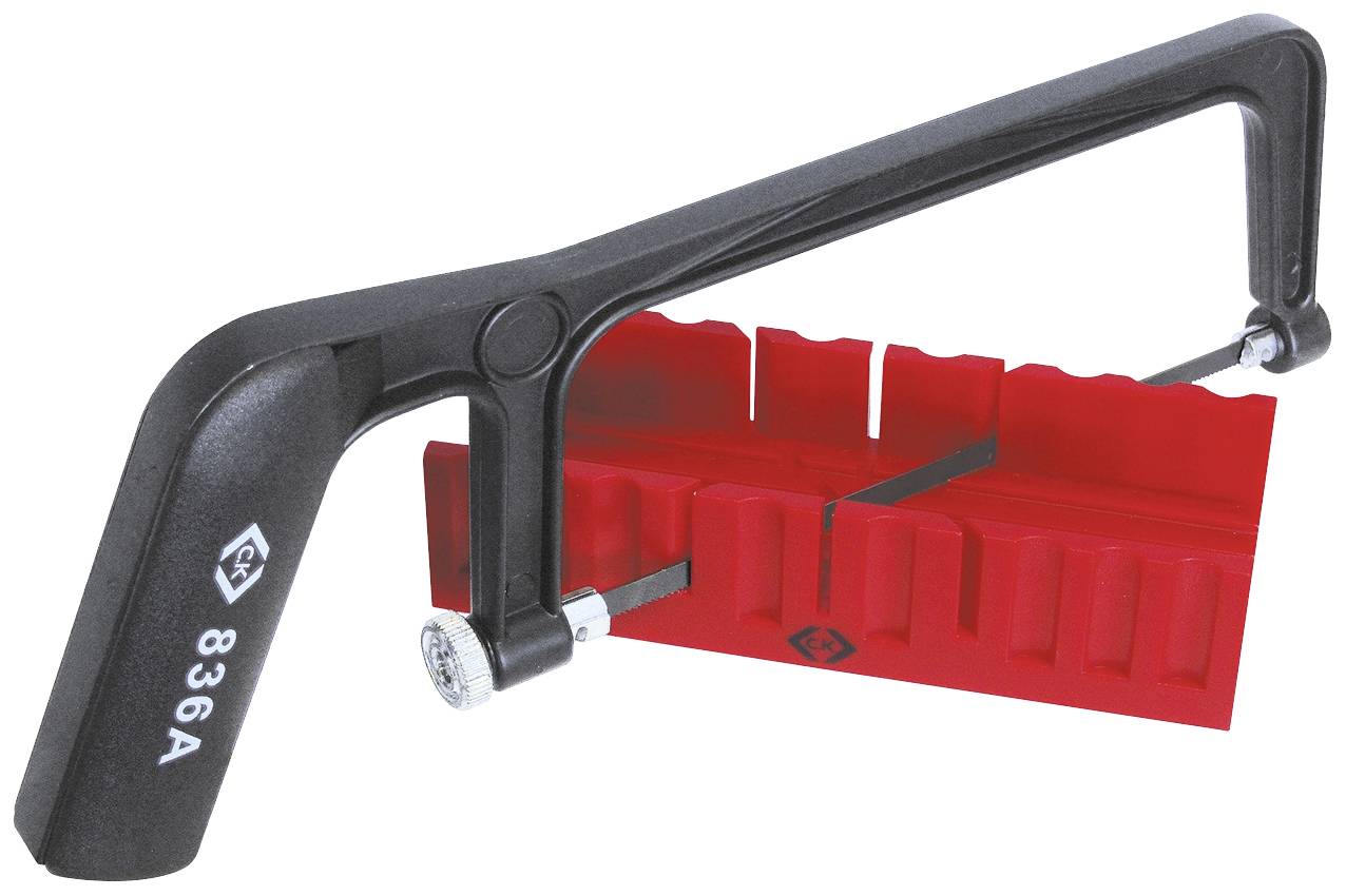 A small metal saw with an ergonomic handle and red mitre box. Ideal for precise cuts in wood or plastic.