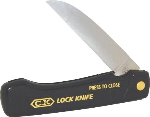 A folding pocket knife with a black handle, partially open blade. The handle is labeled 'C.X. LOCK KNIFE' and 'PRESS TO CLOSE'.