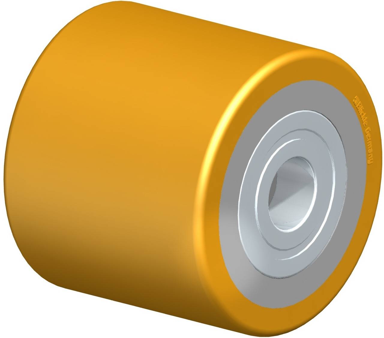 Yellow wheel with a silver core, shown at an angle from the side.