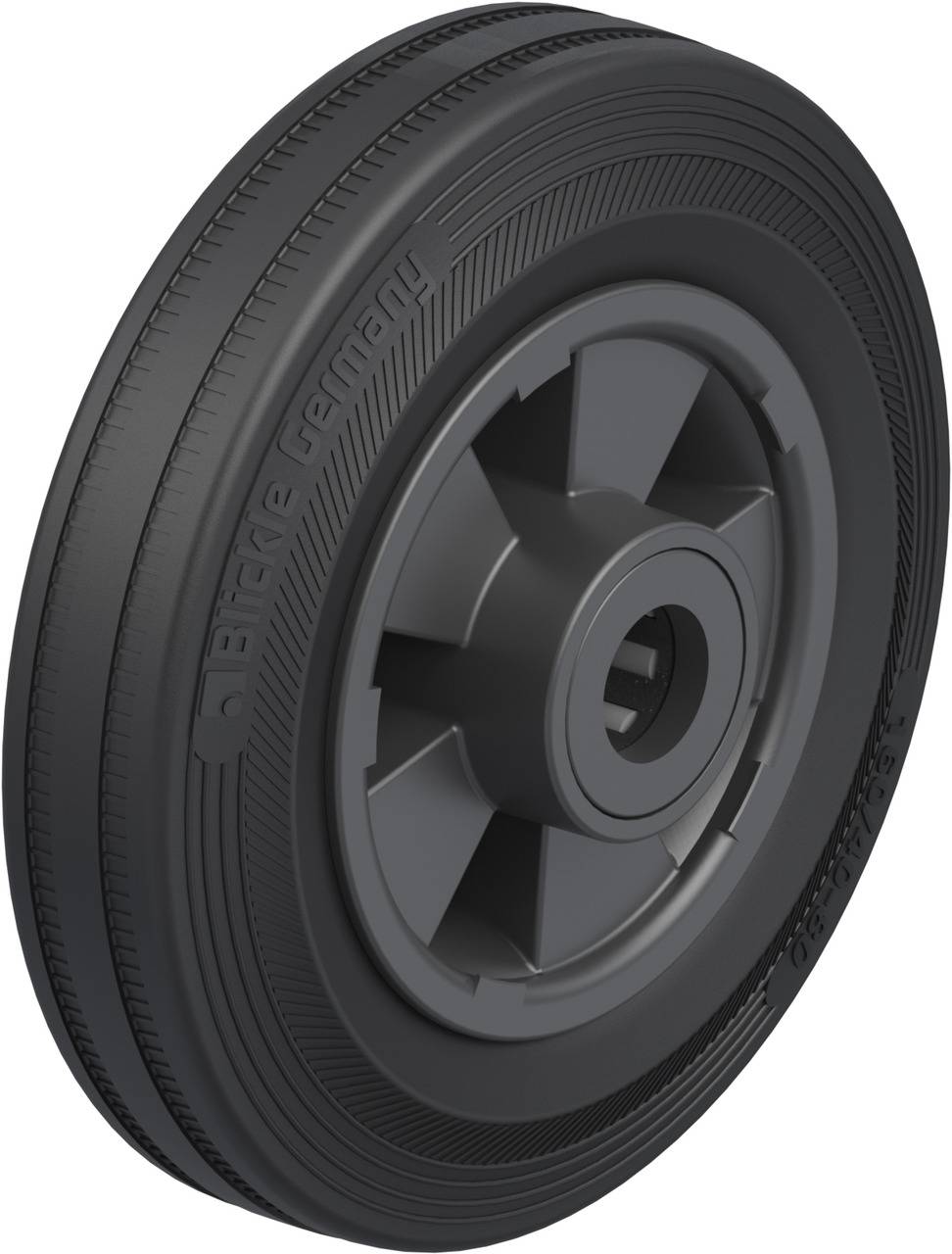 Black plastic wheel with fine tread pattern and central hole, ideal for transport trolleys or industrial applications.