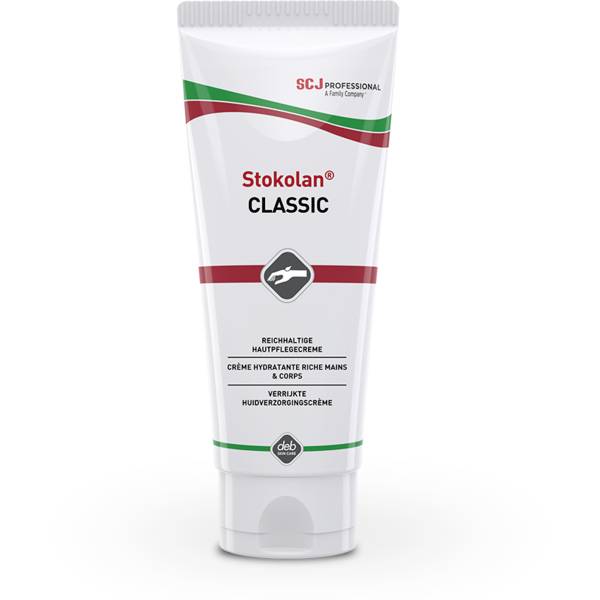 A tube of Stokolan Classic skin care cream by SC Johnson Professional, for rich care of hands and body.