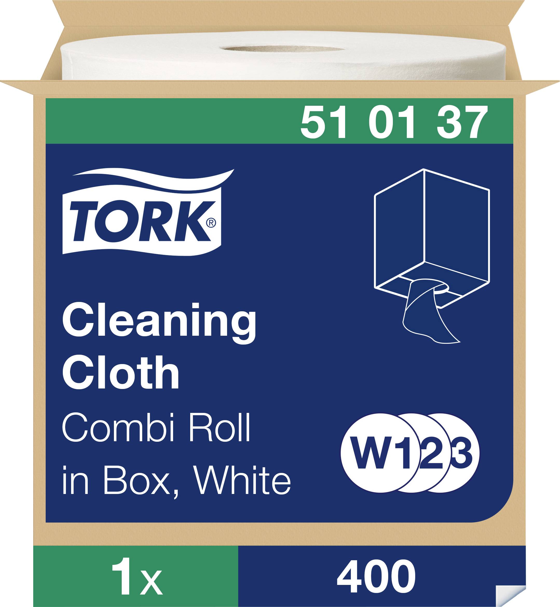 Cleaning Cloth in Box, White, 1 Roll, 400 Sheets, Tork, Article Number 51 01 37.