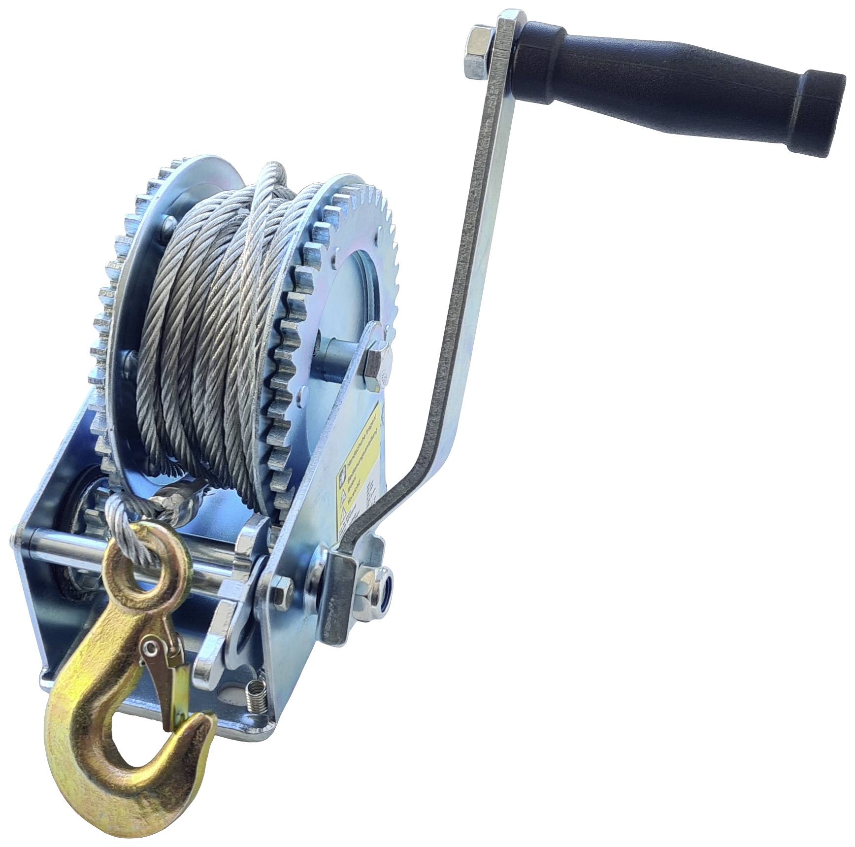 Manual winch with crank handle and hook, used for lifting or pulling loads.