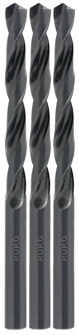 'Three black spiral drill bits arranged vertically side by side, with the inscription 