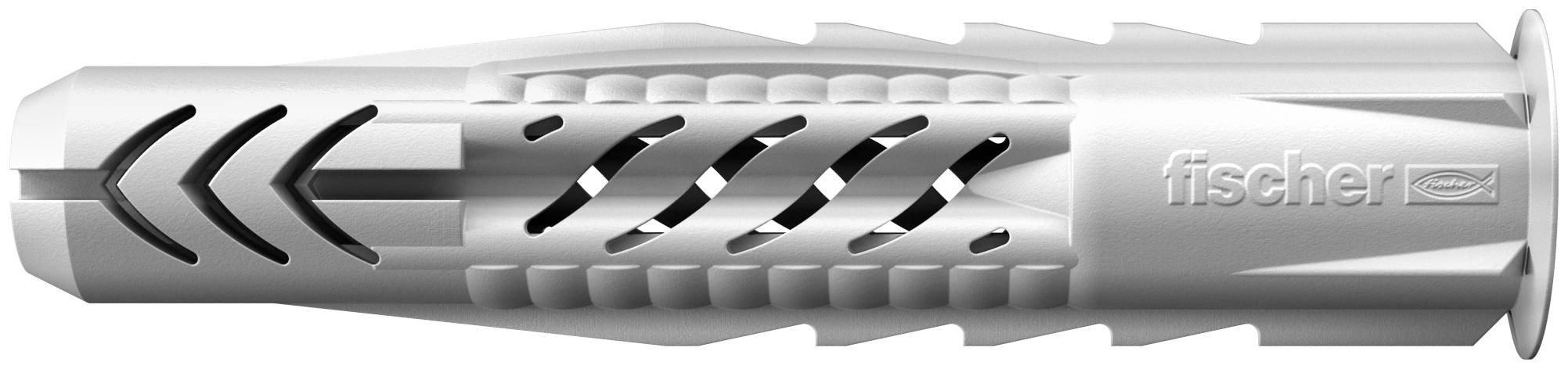 Silberner Fischer-Wandsteckanker mit Schlitzgehäuse und schwarzen Chevron-Markierungen, horizontal auf weißem Hintergrund dargestellt.