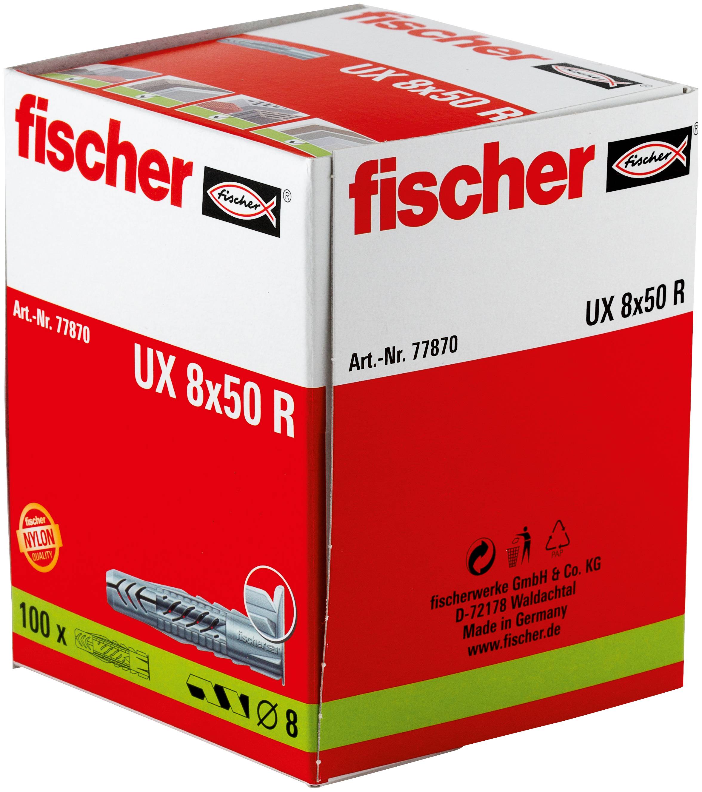 Packung fischer UX 8x50 R Dübel, rote und weiße Verpackung mit Aufschrift Art.-Nr. 77870, 100 Stück.