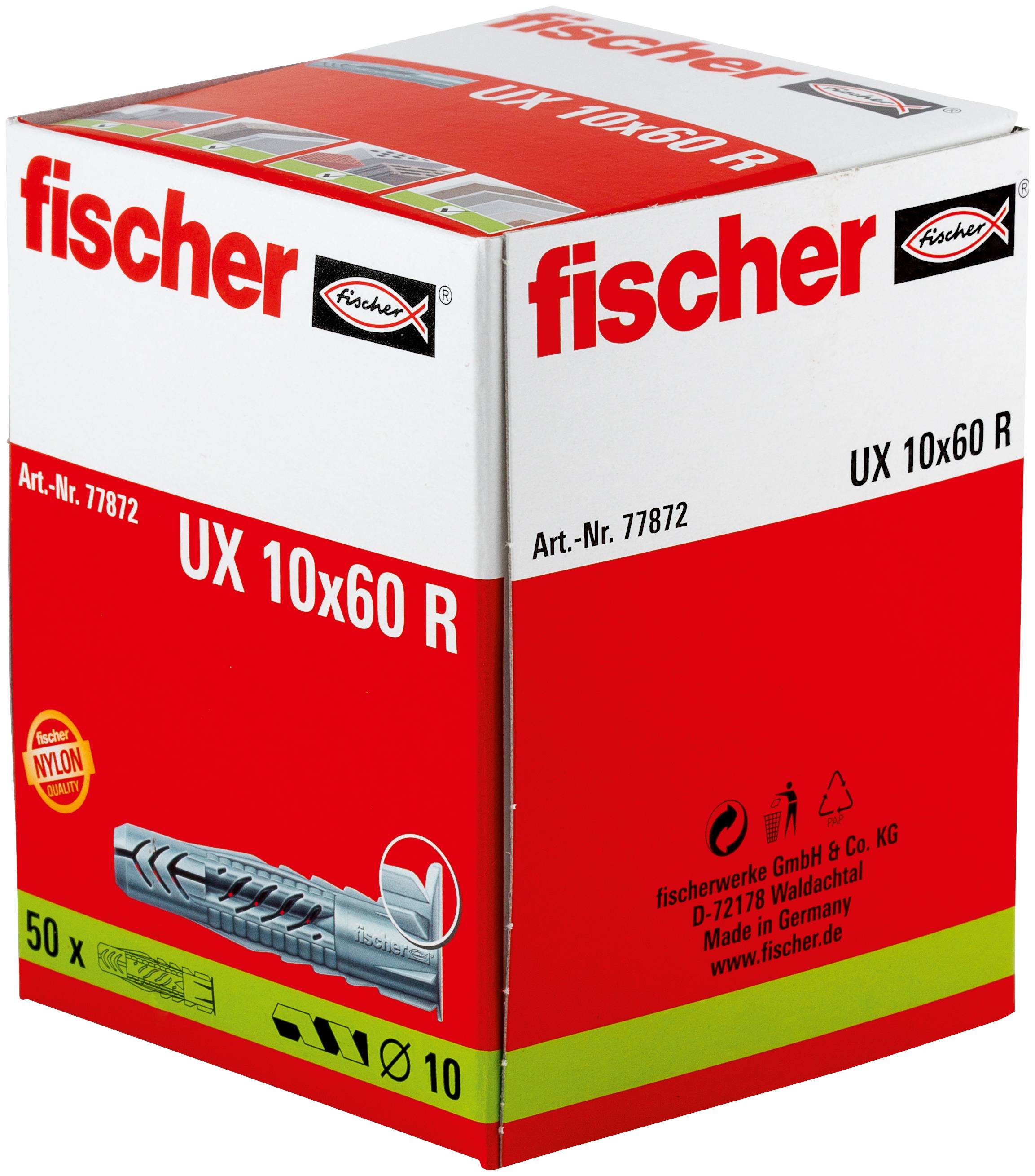 Karton mit fischer UX 10x60 R Kunststoff-Dübel, gekennzeichnet mit „50 x