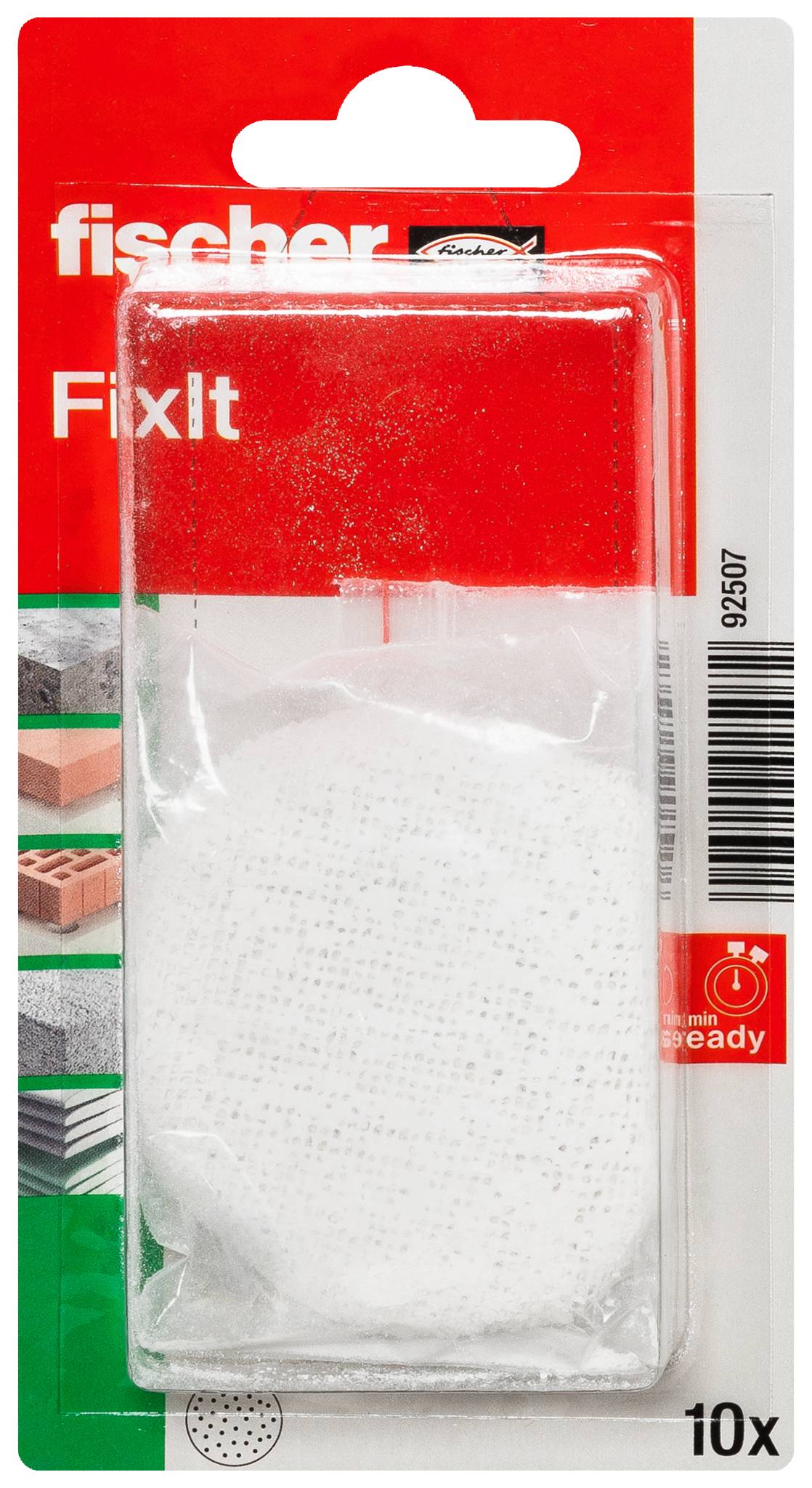 Verpackung für Fischer FixIt Dübel oder Reparaturprodukt, die eine transparente Blisterpackung mit weißem Inhalt und einer Mengenangabe von „10x