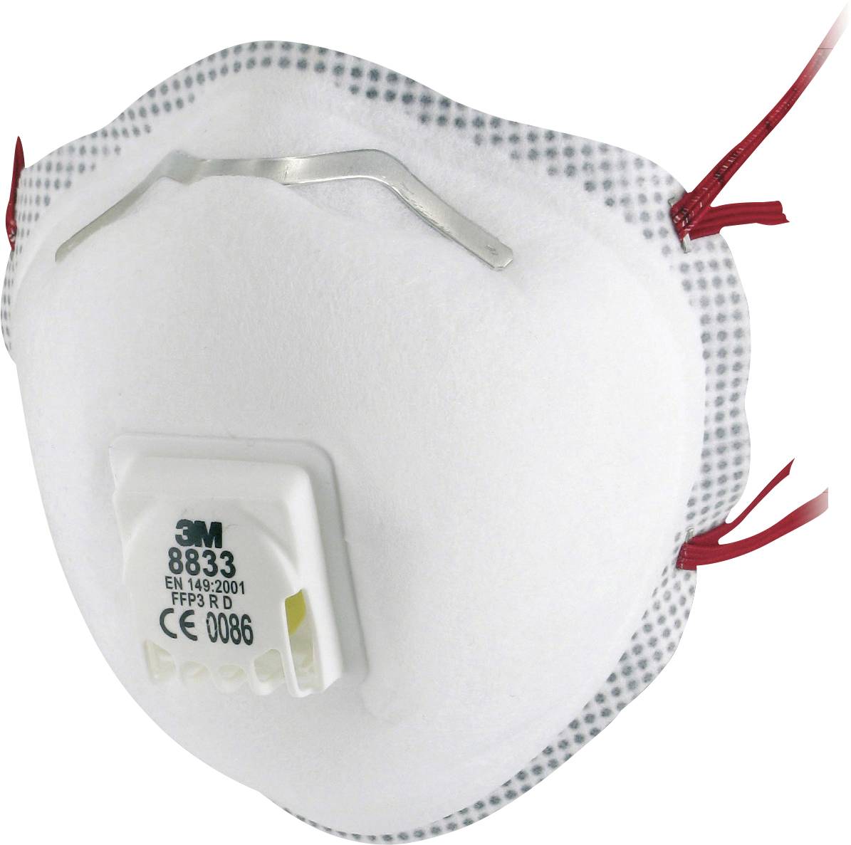 White respiratory protection mask with red band and valve, marked with 'FFP3 CE 0086'. Ideal for protection against harmful particles.
