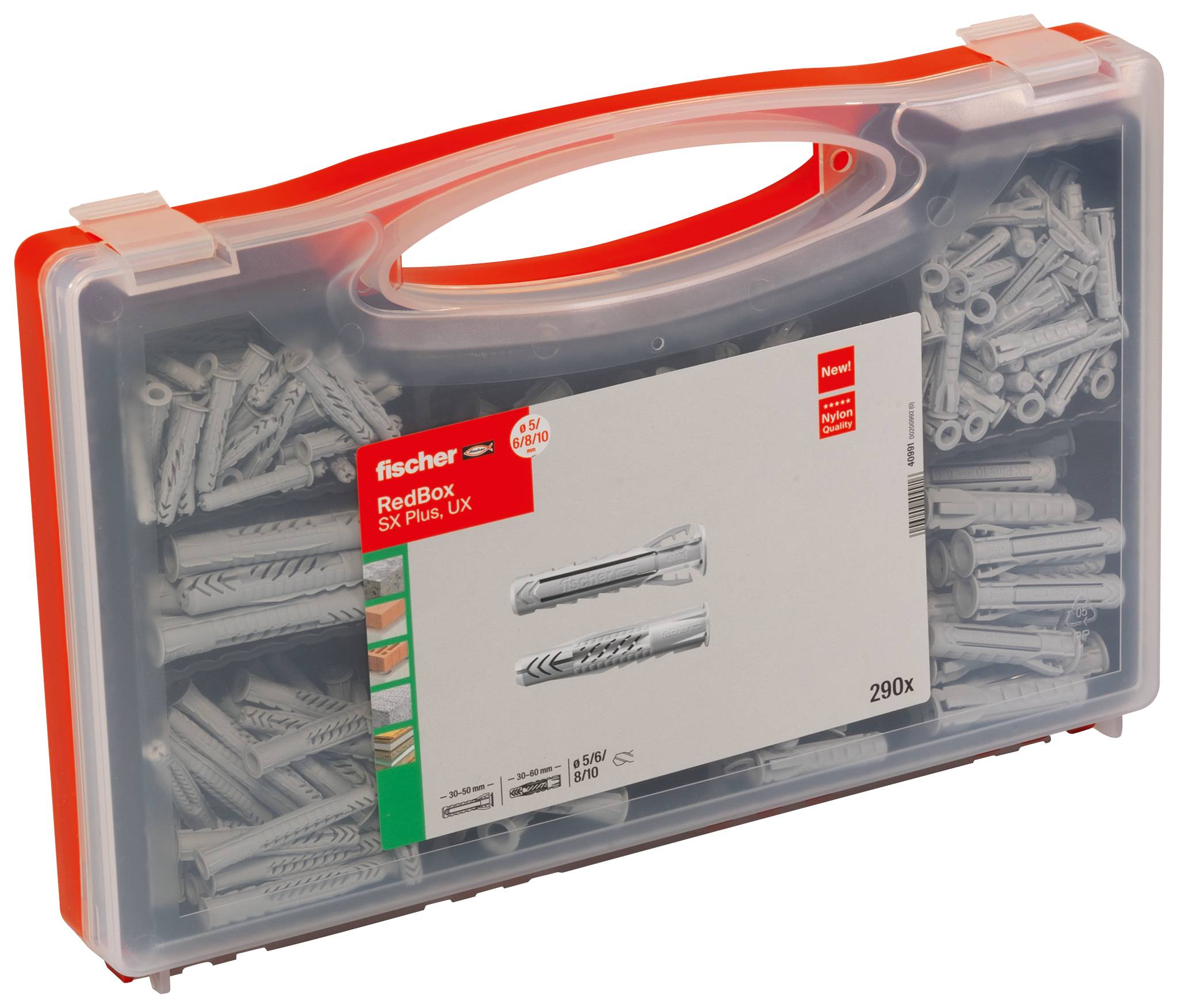 A transparent plastic case with a red handle, filled with several dowels arranged in different sizes, visible through the lid.