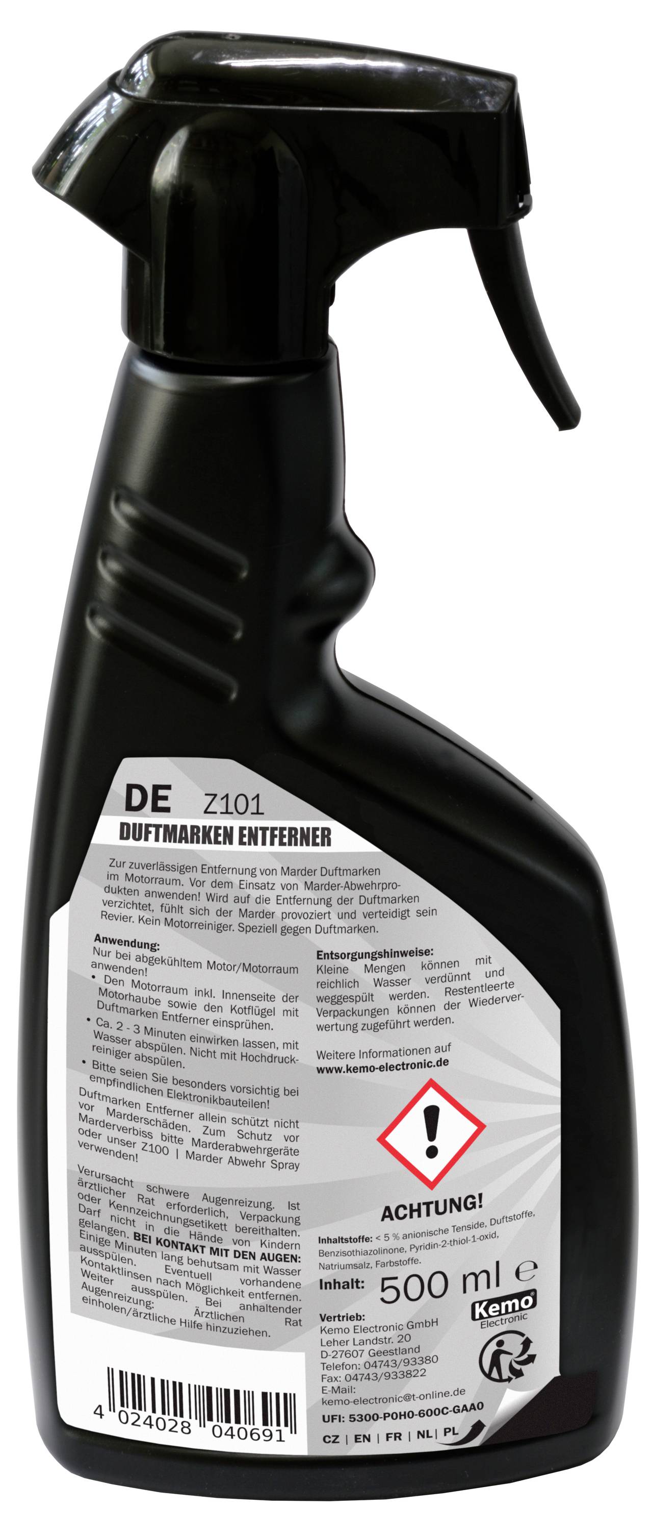 Black spray bottle of adhesive remover labeled 'DE Z101 Duftmarken Entferner', 500 ml, with warning symbol and German instructions.