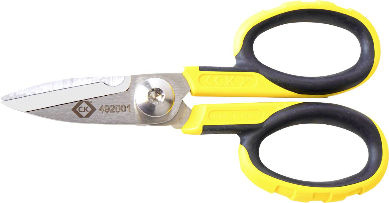 A metal pair of scissors with yellow and black handles and double-sided cutting blades, suitable for precise cutting tasks in the home or workshop.