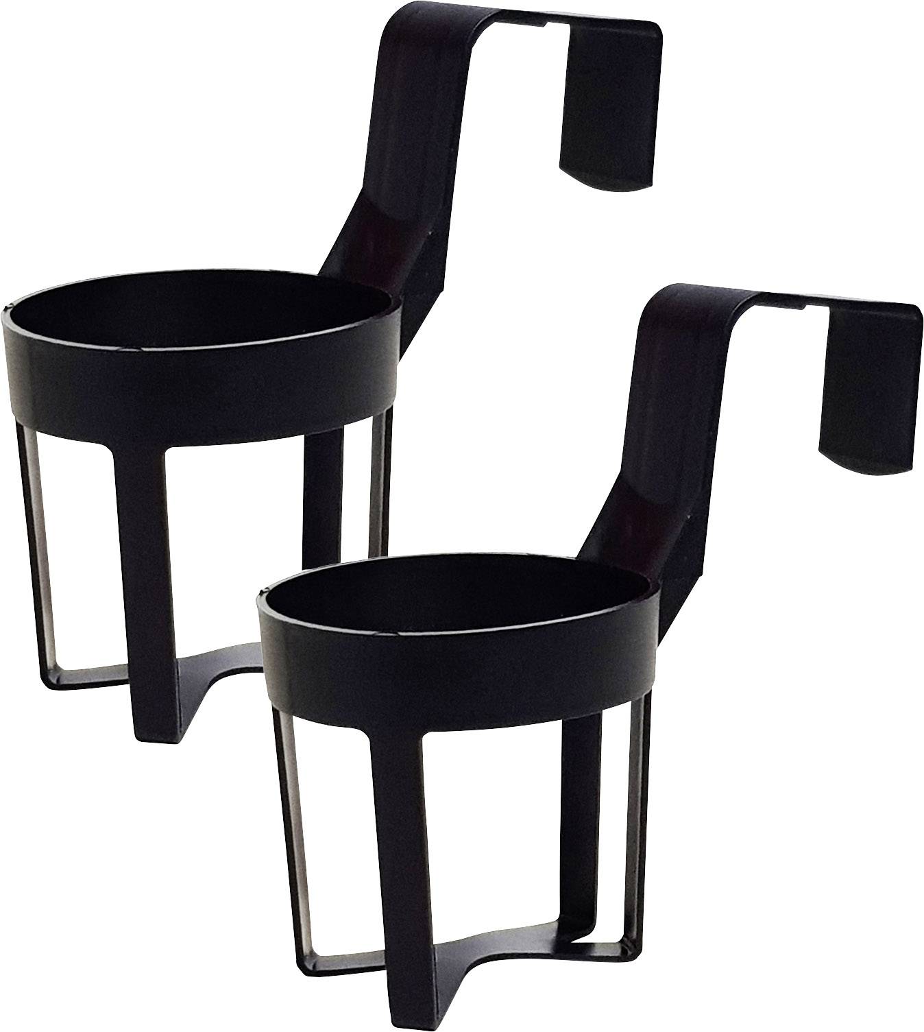 Two black metal drink holders that can be mounted on a horizontal surface.