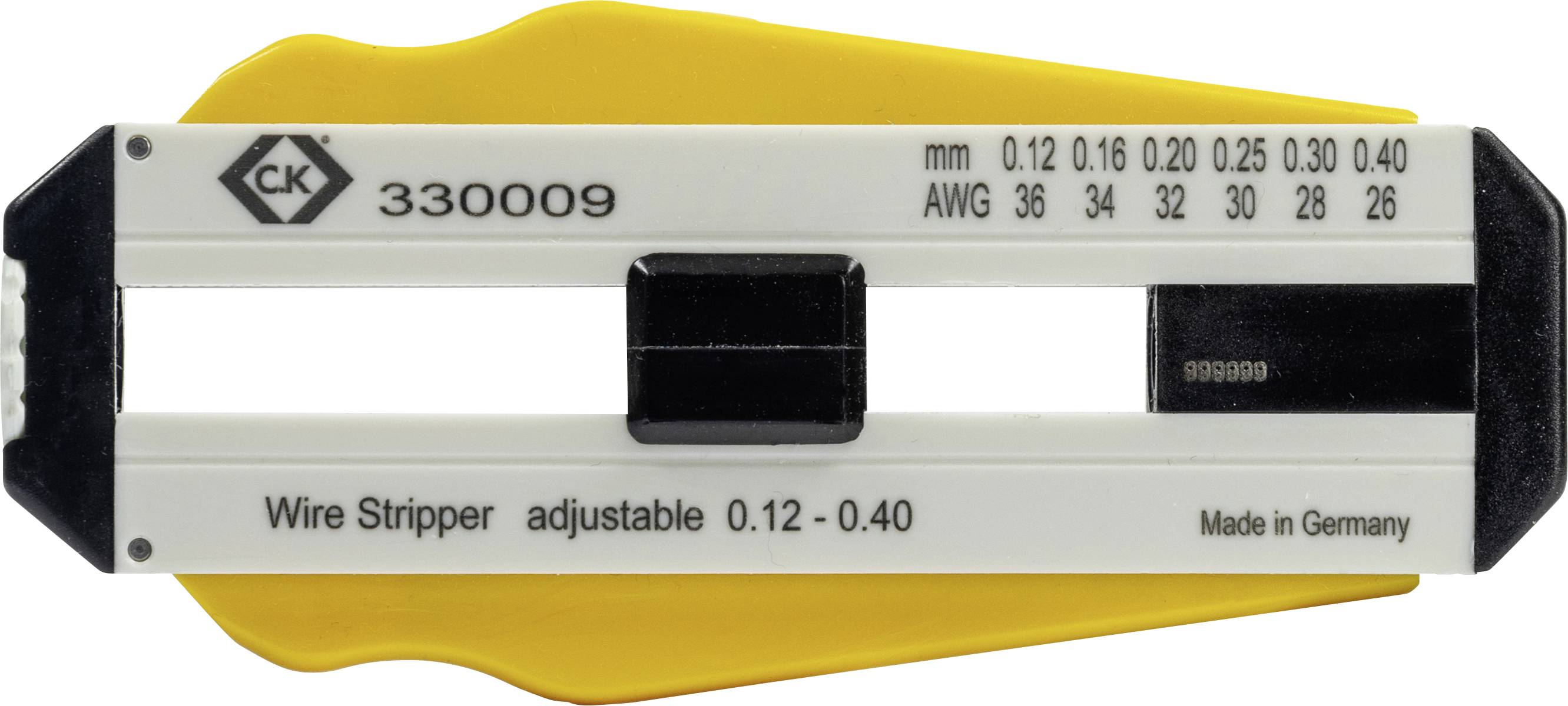 Yellow wire stripper with number 330009, flexibly adjustable for wire diameters 0.12 to 0.40 mm, manufactured in Germany.