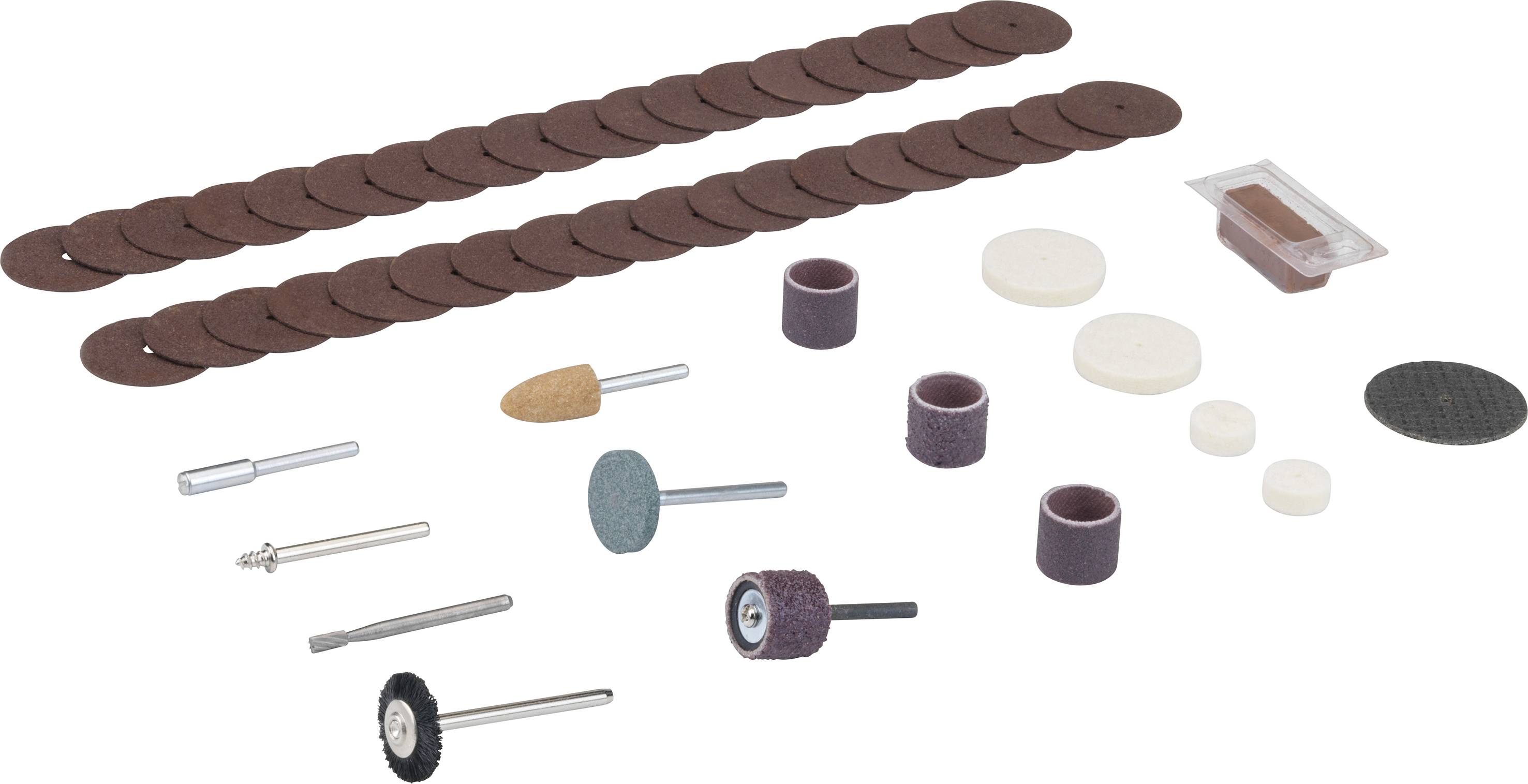 Various grinding and polishing attachments in different shapes and sizes displayed on a white surface.