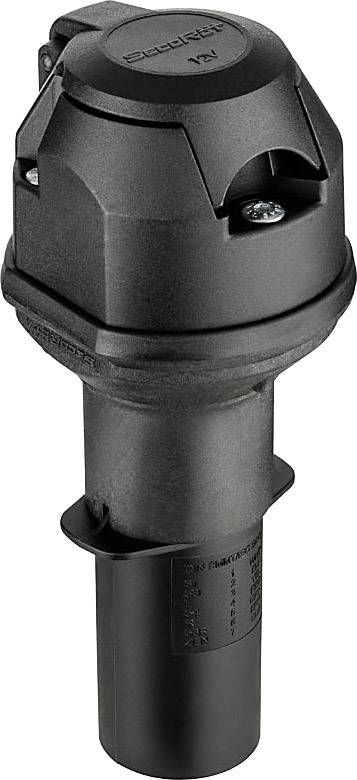 Heavy-duty cylindrical electrical plug with robust housing and screw lock, suitable for industrial applications.